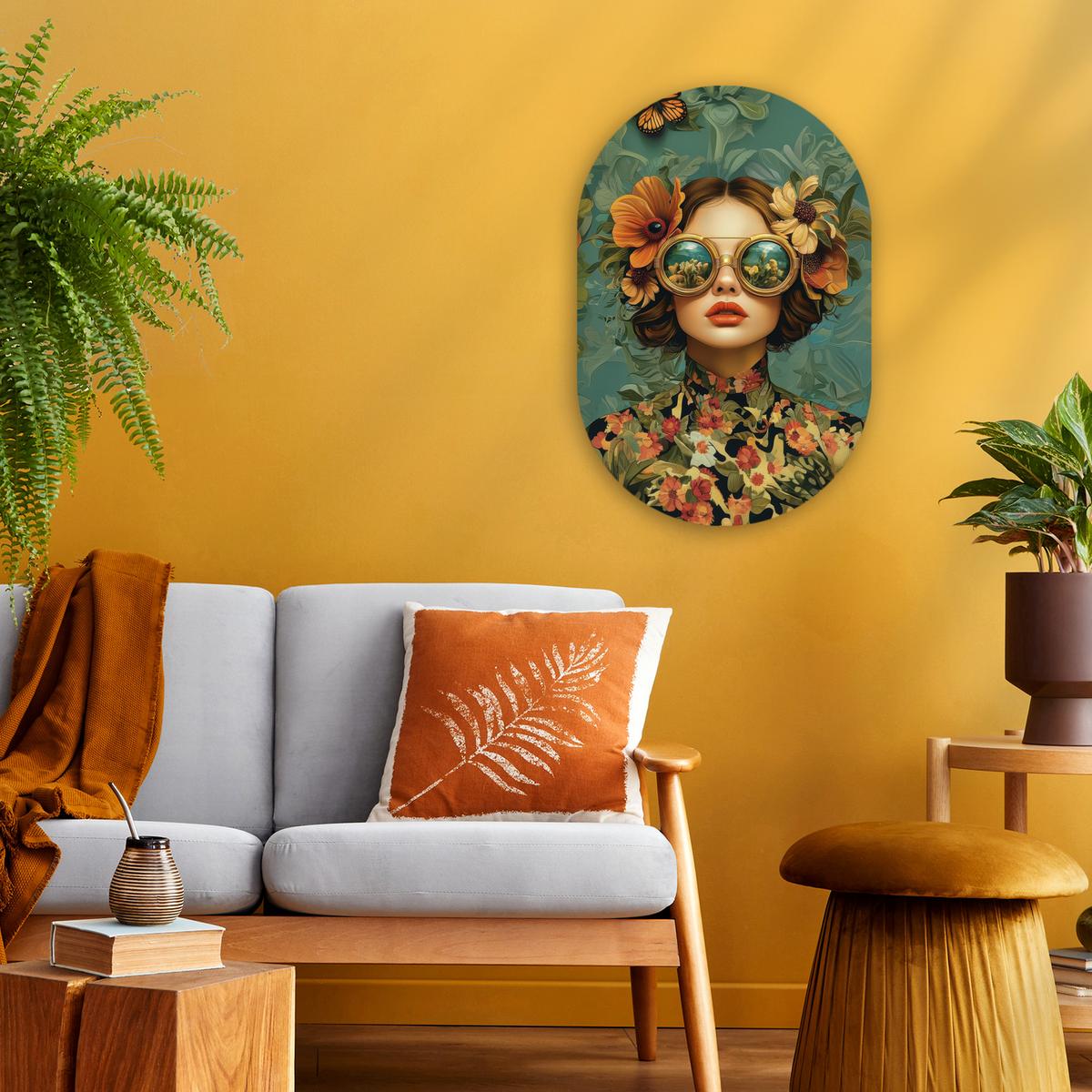 WANDBILD Frau - Blumen - Schmetterlinge - Natur - Vintage Deko Wohnzimmer 40x60 cm - Petrol, Kunststoff (40/60cm) - MuchoWow