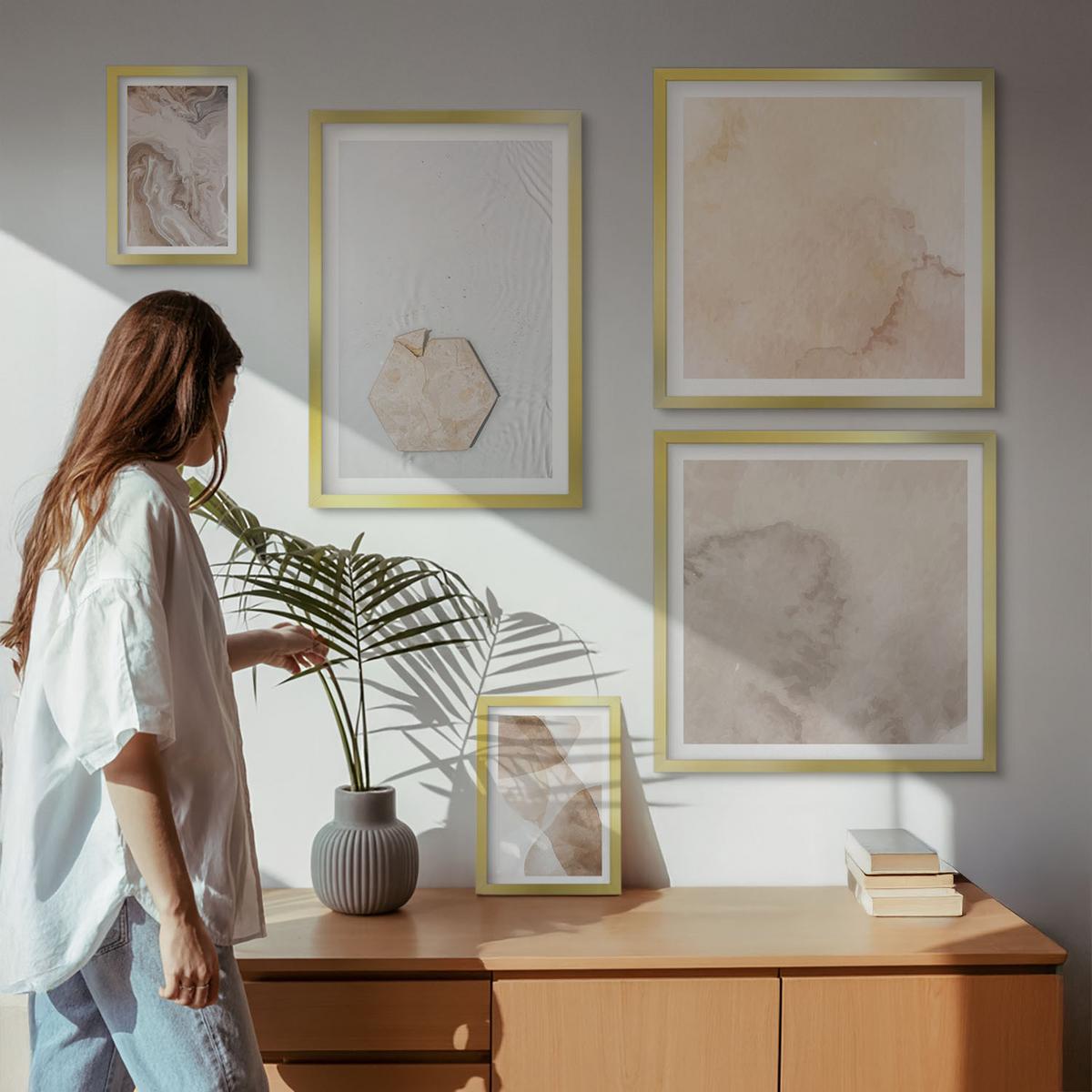 BILDER SET 5er Set - 50x50 cm & 20x30 cm & 40x60 cm Goldrahmen - Designabstraktion, Naturinspiration - Goldfarben, Kunststoff (40/60cm) - TULUP