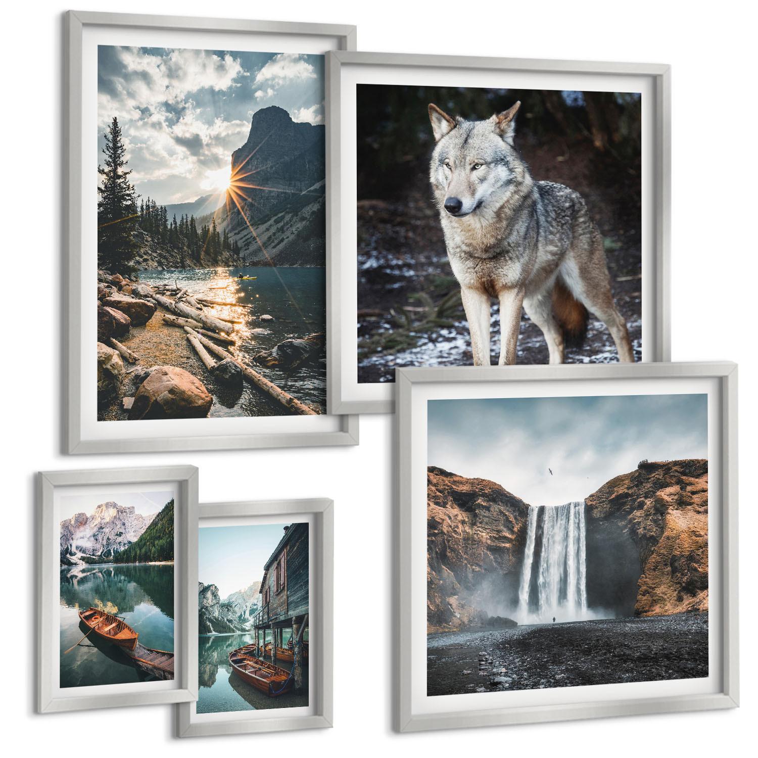 BILDER SET 5er Set - 50x50 cm & 20x30 cm & 40x60 cm Silberner Rahmen - Berge, Seen, Wasserfall, Wolf - Silberfarben, Kunststoff (40/60cm) - TULUP