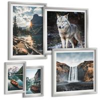 BILDER SET 5er Set - 50x50 cm & 20x30 cm & 40x60 cm Silberner Rahmen - Berge, Seen, Wasserfall, Wolf - Silberfarben, Kunststoff (40/60cm) - TULUP