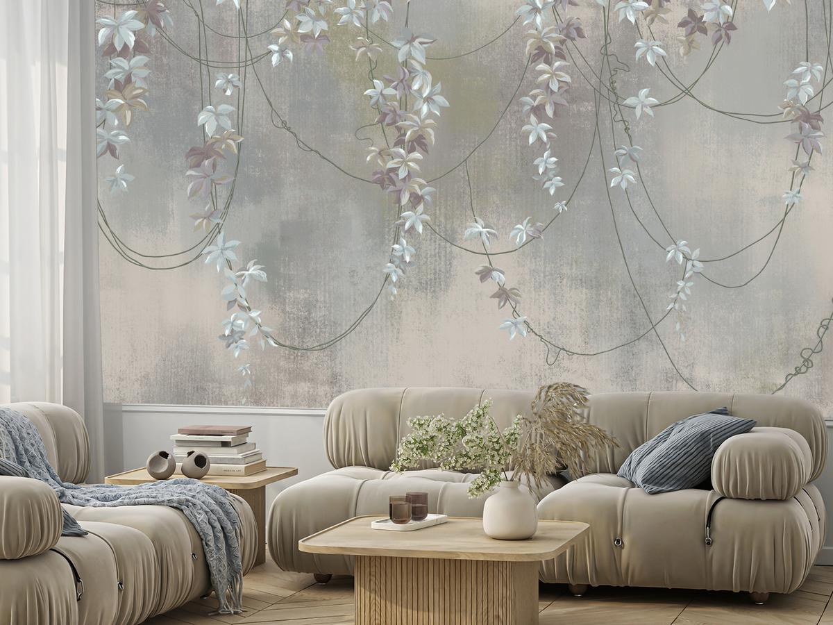 FOTOTAPETE für Wohnzimmer Abstrakte Blüten Lianen Beton Wand 450x315 - Grau, Papier (450/315cm) - Muralo