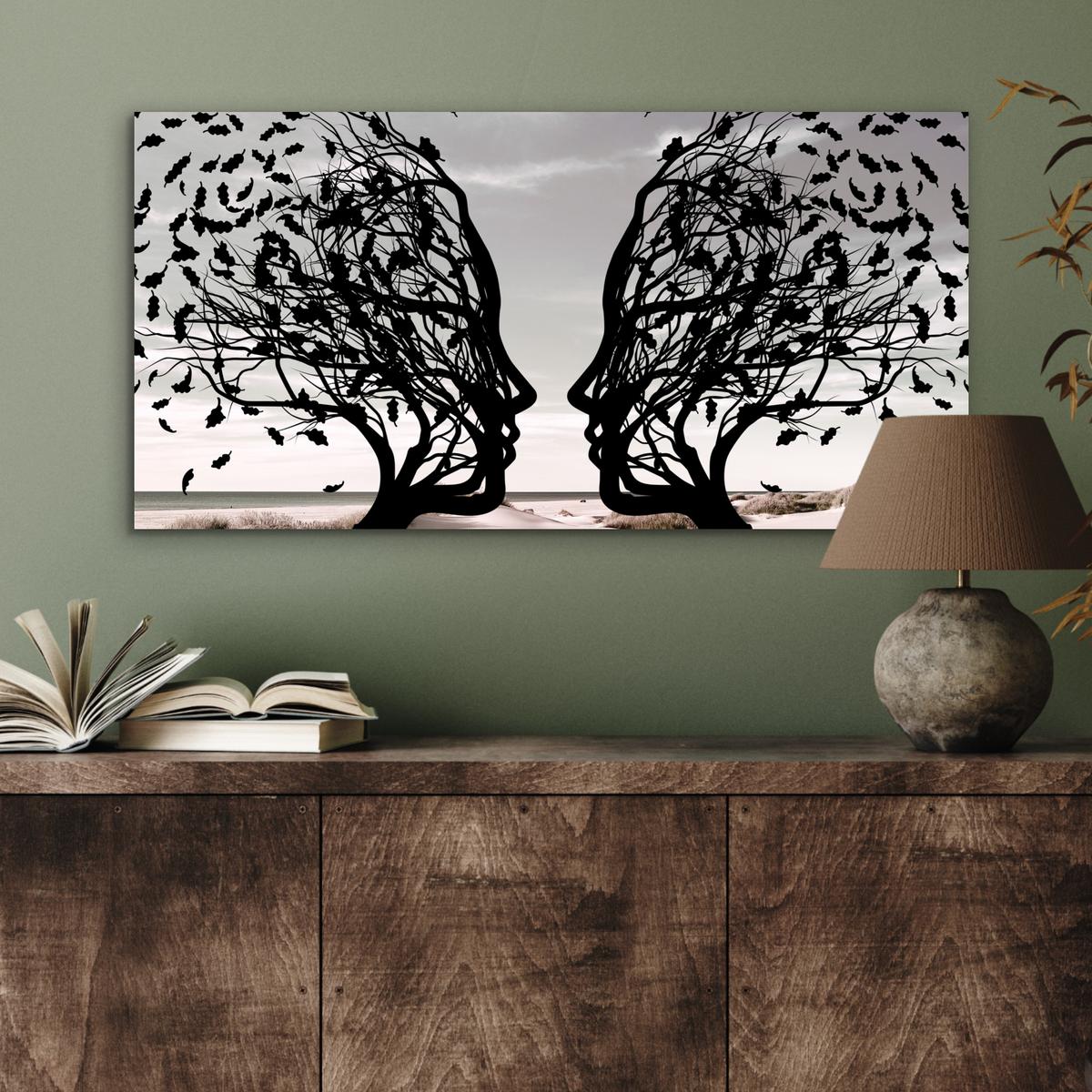 METALLBILD Strand - Meer - Menschen - Baum - Moderne Kunst 80x40 cm - Hellgrau, Metall (80/40cm) - MuchoWow