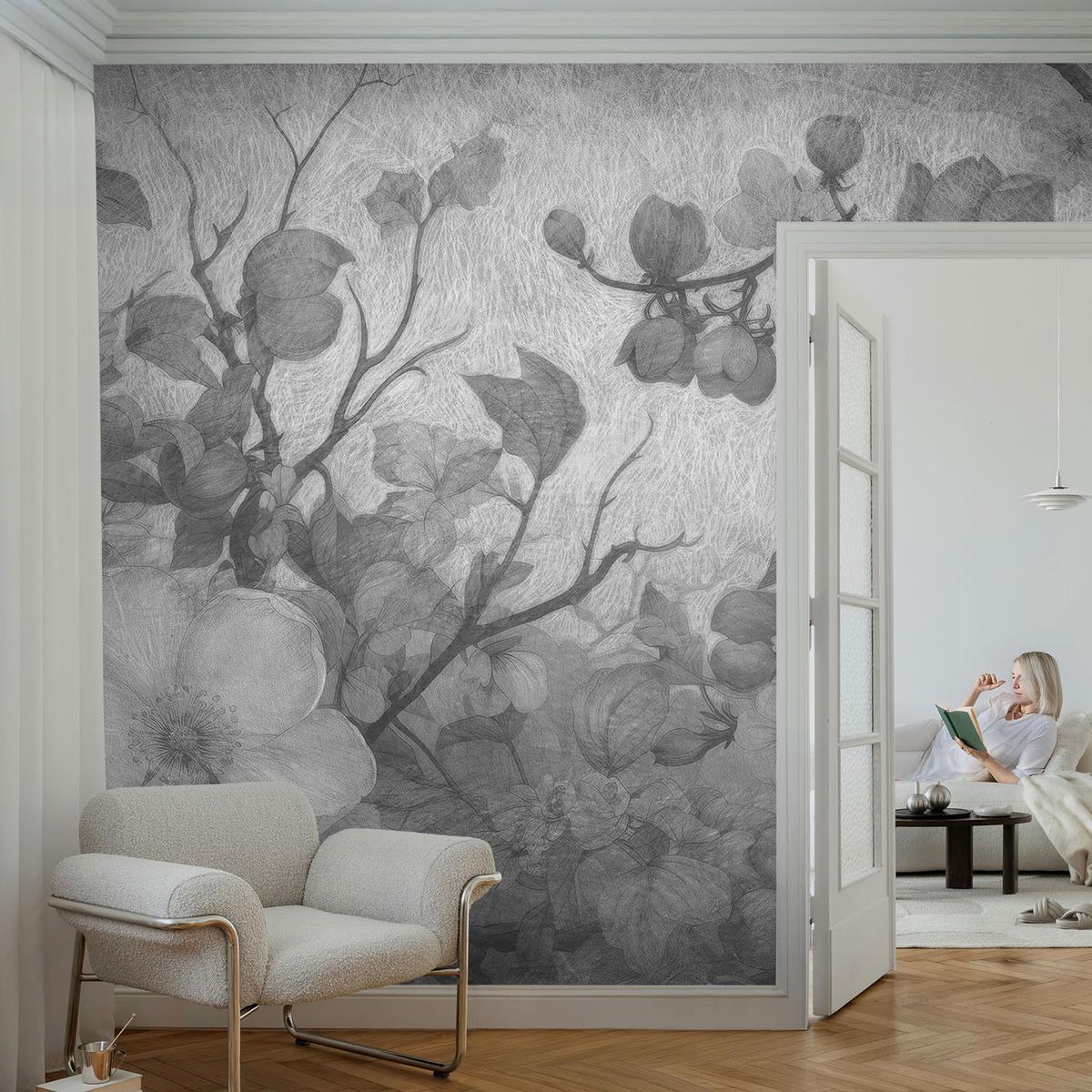 FOTOTAPETE 208x146 cm - Blütenzweig - Schwarz, Textil (208/146cm) - Wallfluent
