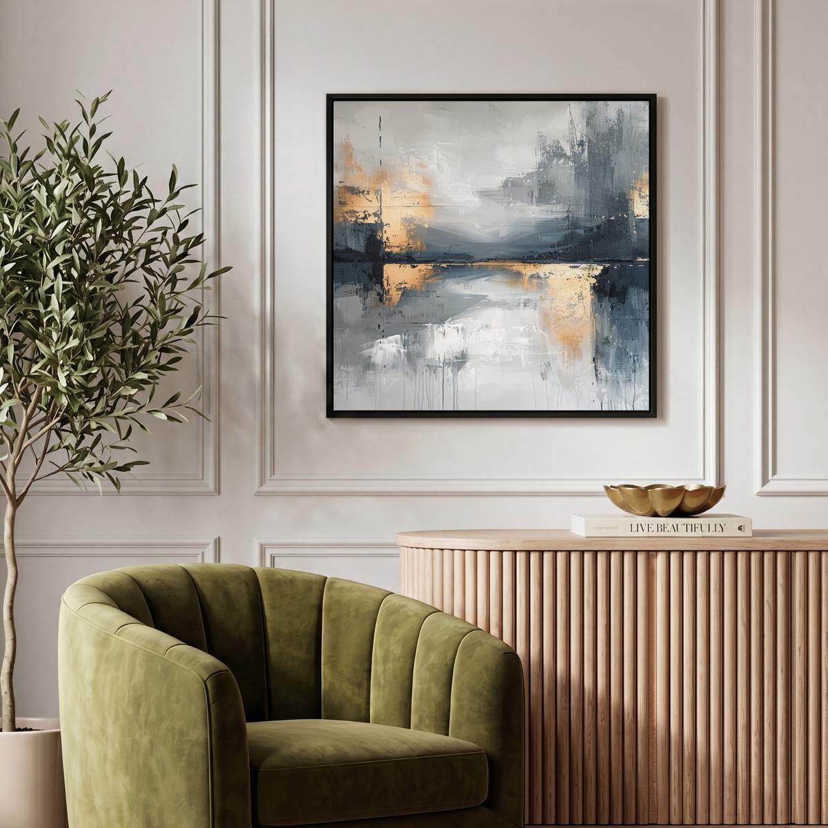 LEINWAND Bilder mit Rahmen - Kunst - Grau - Gold - Abstrakt - 50x50 - Dunkelgrau, Textil (50/50cm) - MuchoWow