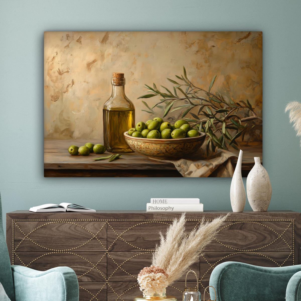 LEINWANDBILD Oliven - Stilleben - Vintage Groß 140x90 cm - Olivgrün, Textil (140/90cm) - MuchoWow