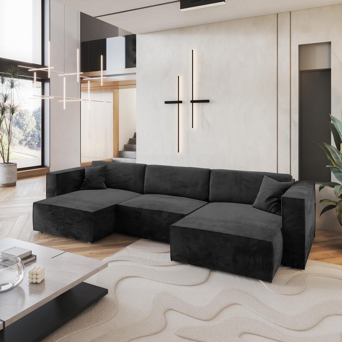 WOHNLANDSCHAFT SARMO M Schwarz Velours-Stoff mit Schlaffunktion - Schwarz/Grau, Holz/Kunststoff (347/70/148cm) - MASSENO