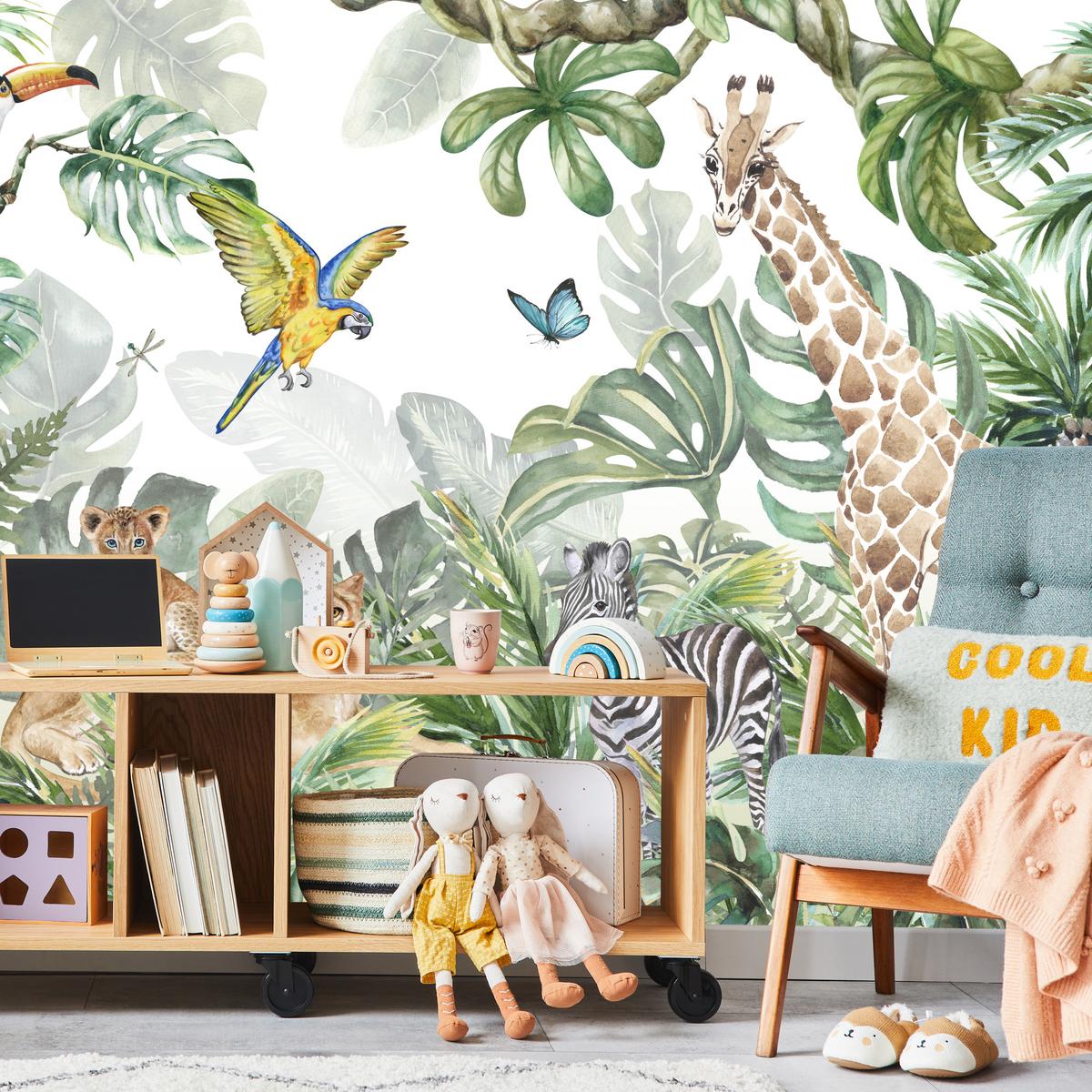 FOTOTAPETE für Kinderzimmer Tropen Dschungel Tiere Palmen Monstera 400x280 - Beige/Orange, Papier (400/280cm) - Muralo