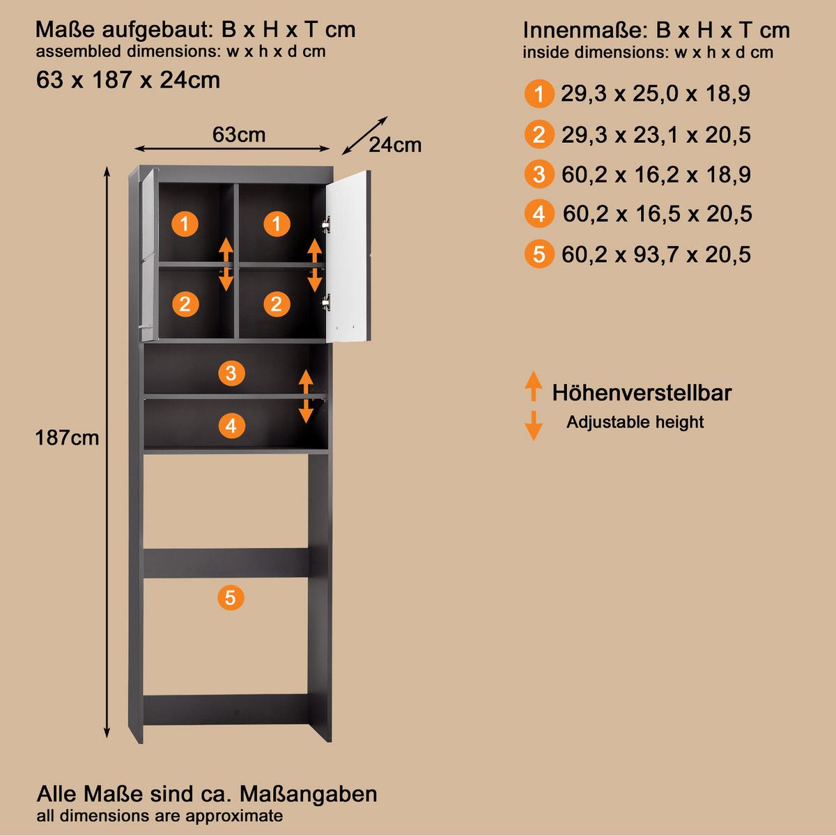WASCHMASCHINENSCHRANK grau Hochglanz 63 x 187 cm, Waschmaschinenüberbau mit Stauraum - Grau, Holzwerkstoff/Kunststoff (63/187/24cm) - Top.Furn