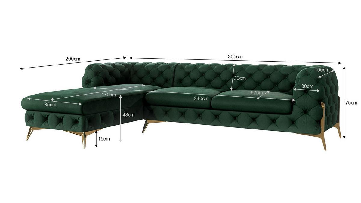 ECKSOFA Chesterfield Lexi Flasche Grün Samt, Ottomane links - Smaragdgrün/Goldfarben, Holz/Textil (305/200cm) - S-Style