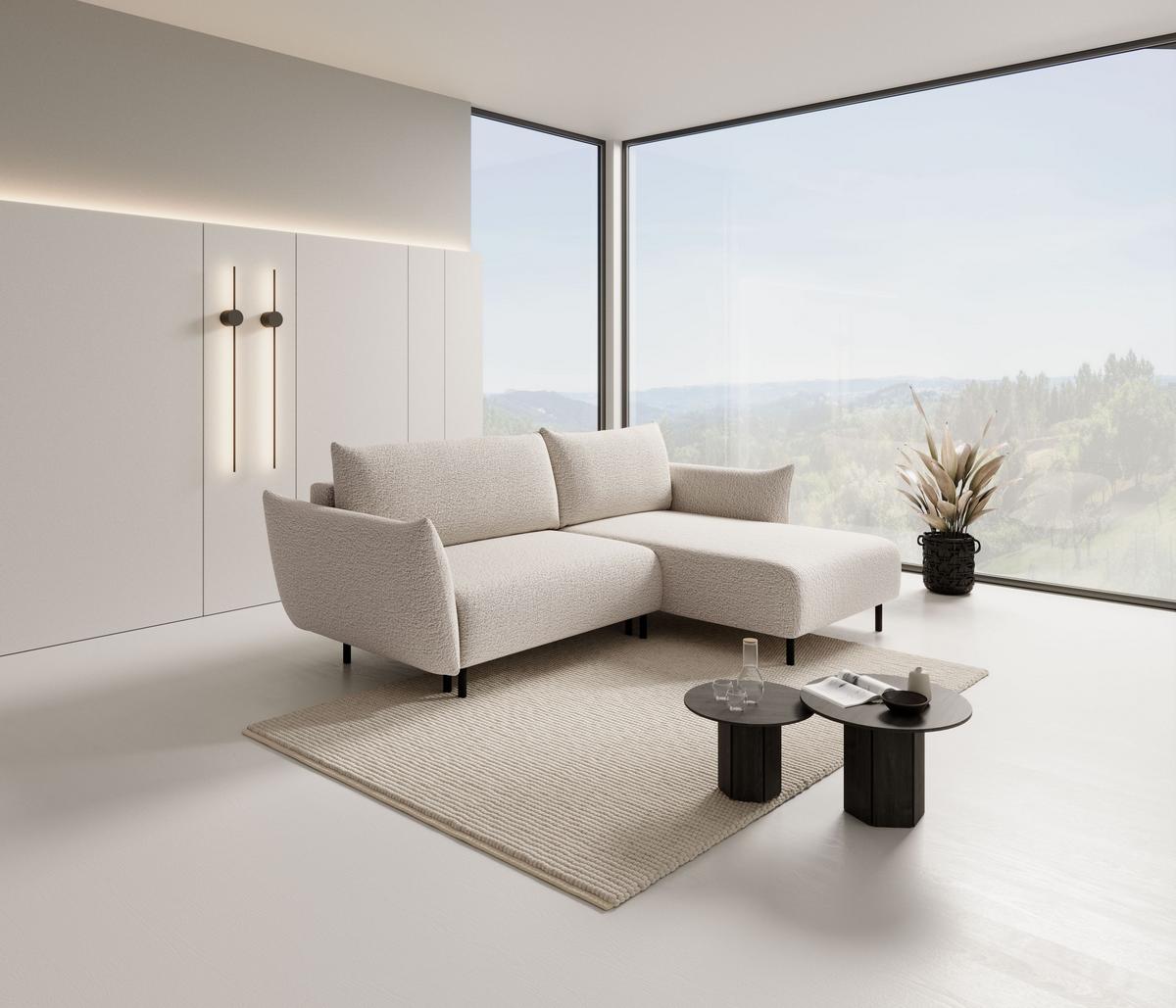 ECKSOFA UNO Beige Plüsch-Stoff mit Schlaffunktion - Creme, Holz (257/171cm) - MASSENO
