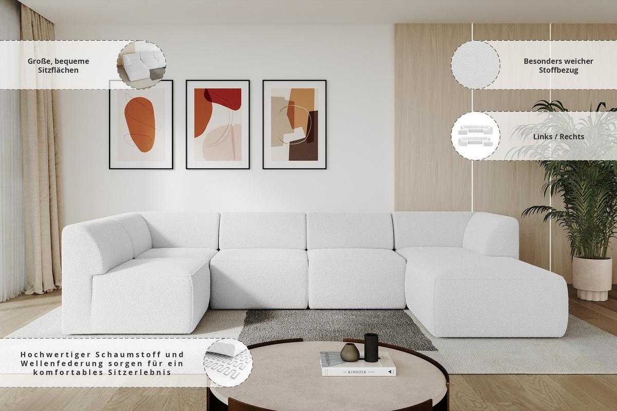 WOHNLANDSCHAFT Ottomane Rechts MOVO-L 345x180x78 cm Weiß Bouclé - Weiß, Holzwerkstoff/Kunststoff (180/78/345cm) - ALTDECOR