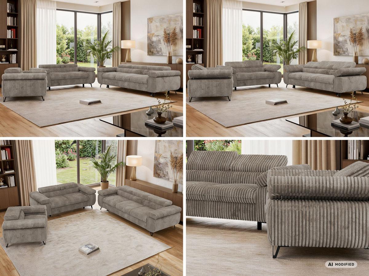 SITZGARNITUR PETER 1+2+3 mit Schlaffunktion - Hellbraun Cord - Hellbraun/Schwarz, Textil/Metall (262/76/99cm) - MKS