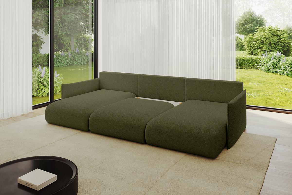 WOHNLANDSCHAFT mit Schlaffunktion und Bettkasten ONESK-U 317x177x72 Grün Bouclé - Olivgrün, Holzwerkstoff/Kunststoff (317/72/177cm) - ALTDECOR