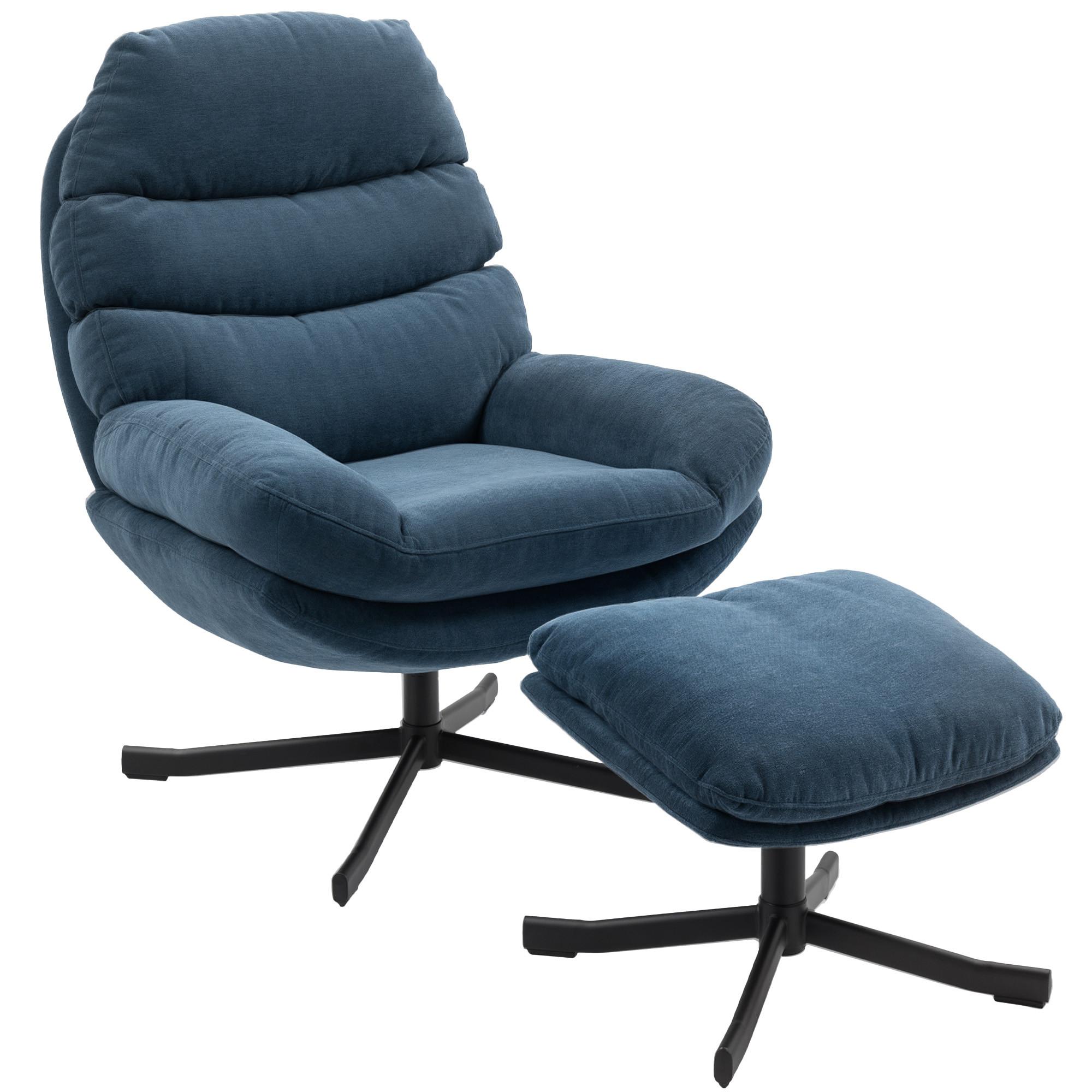 RELAXSESSEL mit Hocker Sessel Loungesessel mit Chenille-Stoff Fernsehsessel Blau - Blau/Schwarz, Textil/Metall (78/100/93cm) - HOMCOM