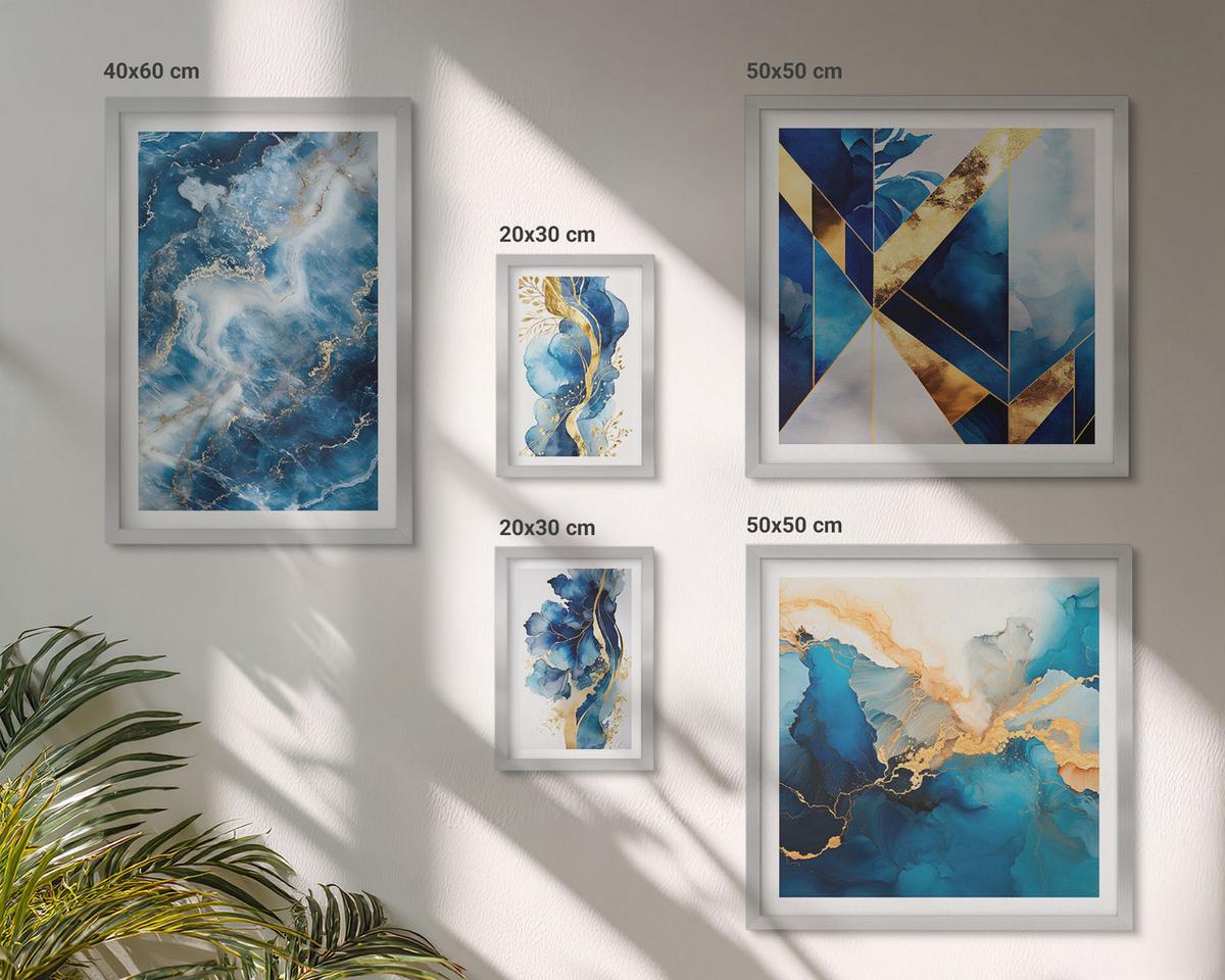 BILDER SET 5er Set - 50x50 cm & 20x30 cm & 40x60 cm Silberner Rahmen - Blaue abstrakte Muster - Silberfarben, Kunststoff (40/60cm) - TULUP