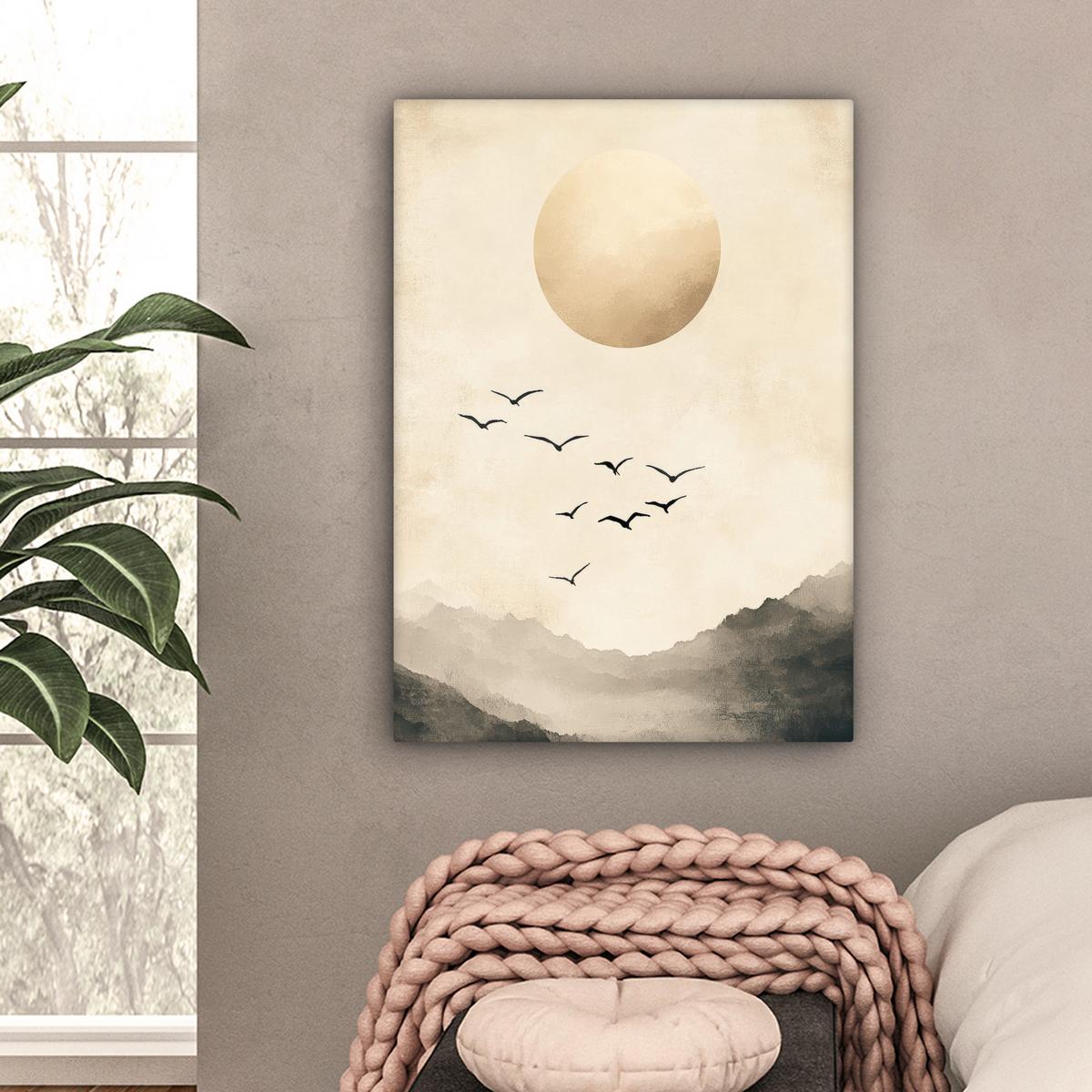 LEINWANDBILD Landschaft - Japandi - Vogel Wandbild Wohnzimmer 60x80 cm - Beige, Textil (60/80cm) - MuchoWow