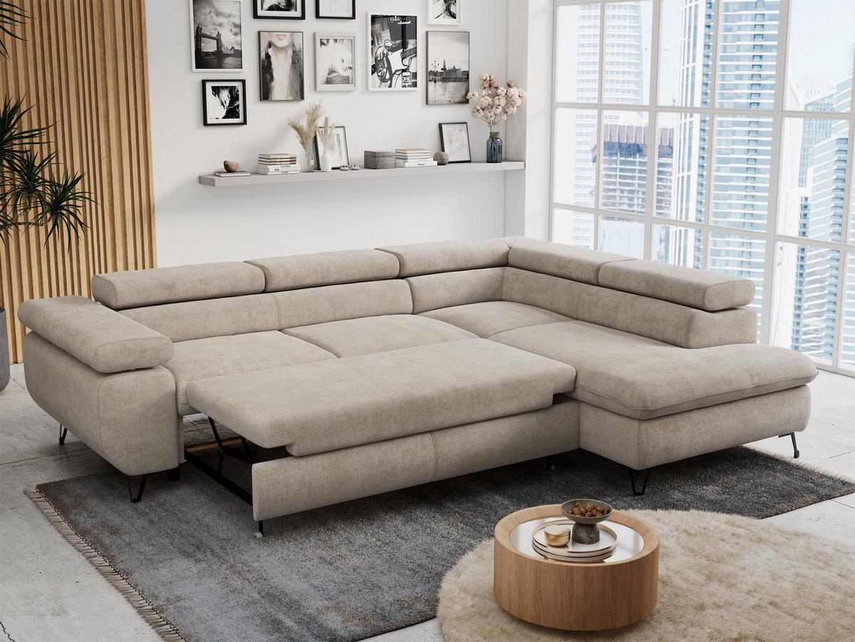 ECKSOFA PETER L Beige Struktur - Rechts Seite - Beige/Schwarz, Textil/Metall (273/208cm) - MKS