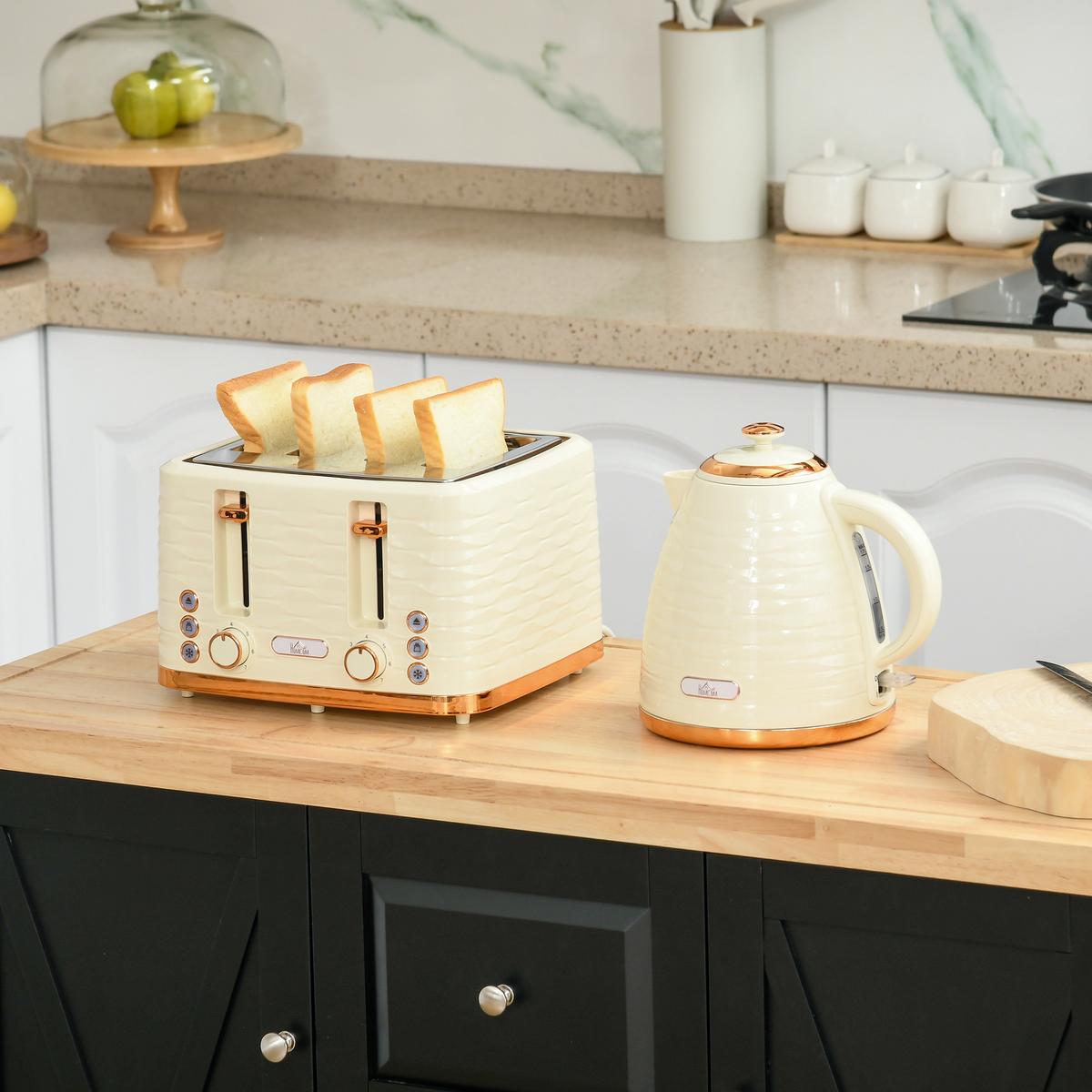 WASSERKOCHER-TOASTER-SET mit 1,7 L Wasserkocher, 4 Scheiben-Toaster, Beige - Beige, Kunststoff (19.5/23.2/24.1cm) - HOMCOM