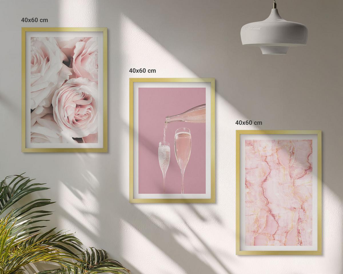 BILDER SET 3er Set - 40x60 cm Goldrahmen - Champagnerfarbene Rosen, Marmorhintergrund - Goldfarben, Kunststoff (40/60cm) - TULUP