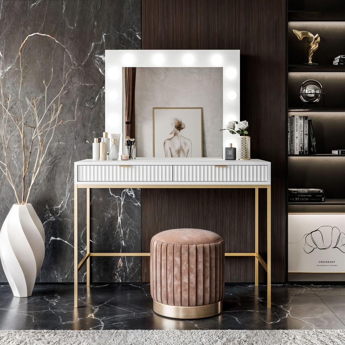 SCHMINKTISCH MIT SPIEGEL CORTADO GOLD T104 WEISS - Weiß, Holzwerkstoff (104/78/50cm) - Lookway