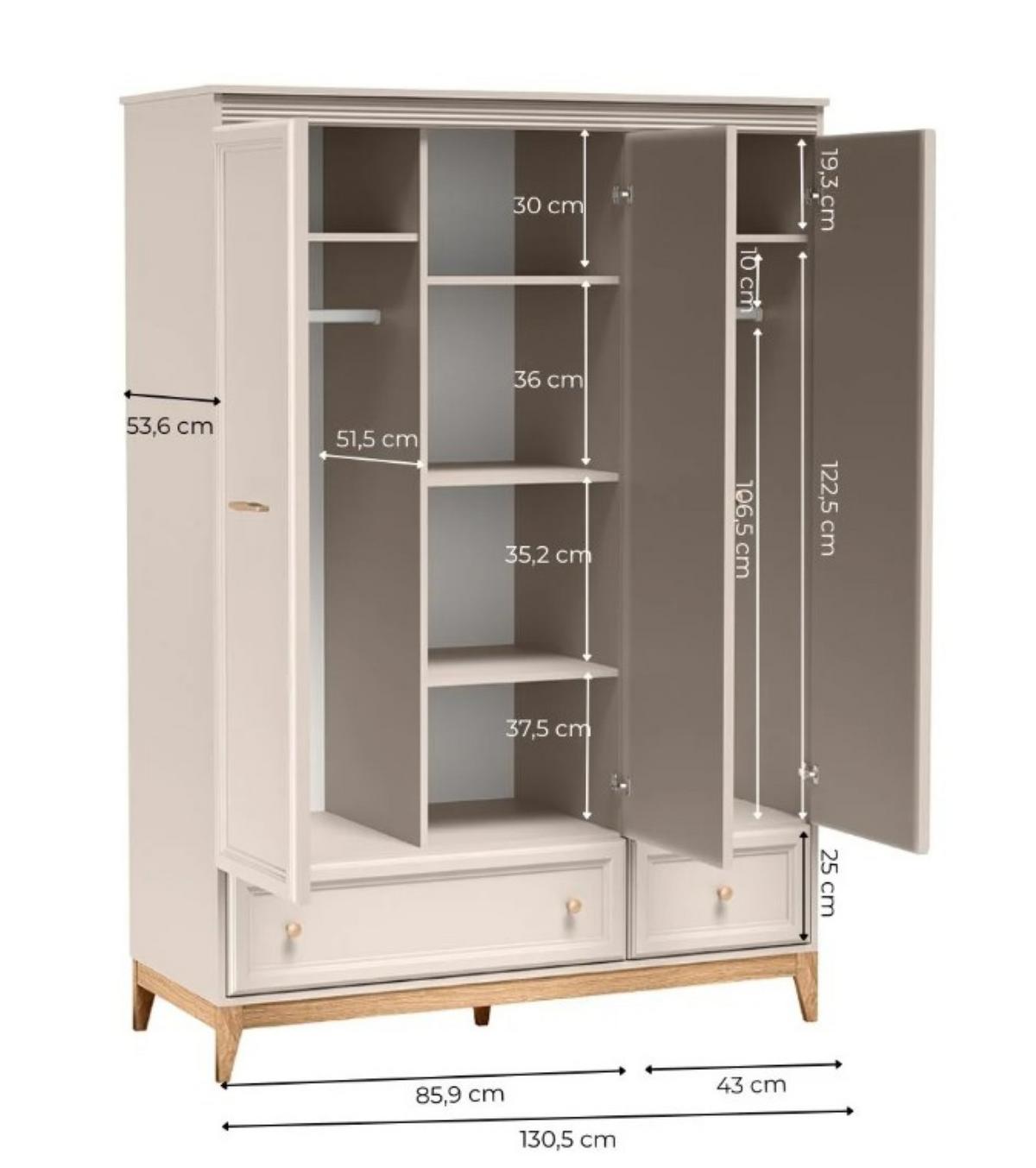 DREHTÜRENSCHRANK CUNEO 135,5/193/54,6 cm 3-türig mit Spiegel Kaschmir - Kaschmir, Holzwerkstoff (135.5/193/54.6cm) - MASSENO