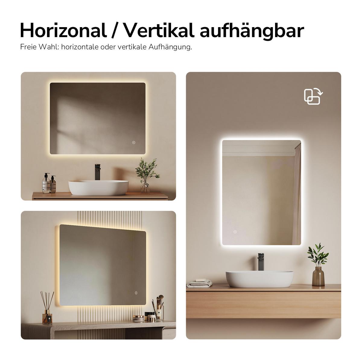 BADSPIEGEL LED abgerundet 3 Farbtemperaturen Touch-Schalter 80/60 cm - Transparent, Glas (80/60/3cm) - EMKE