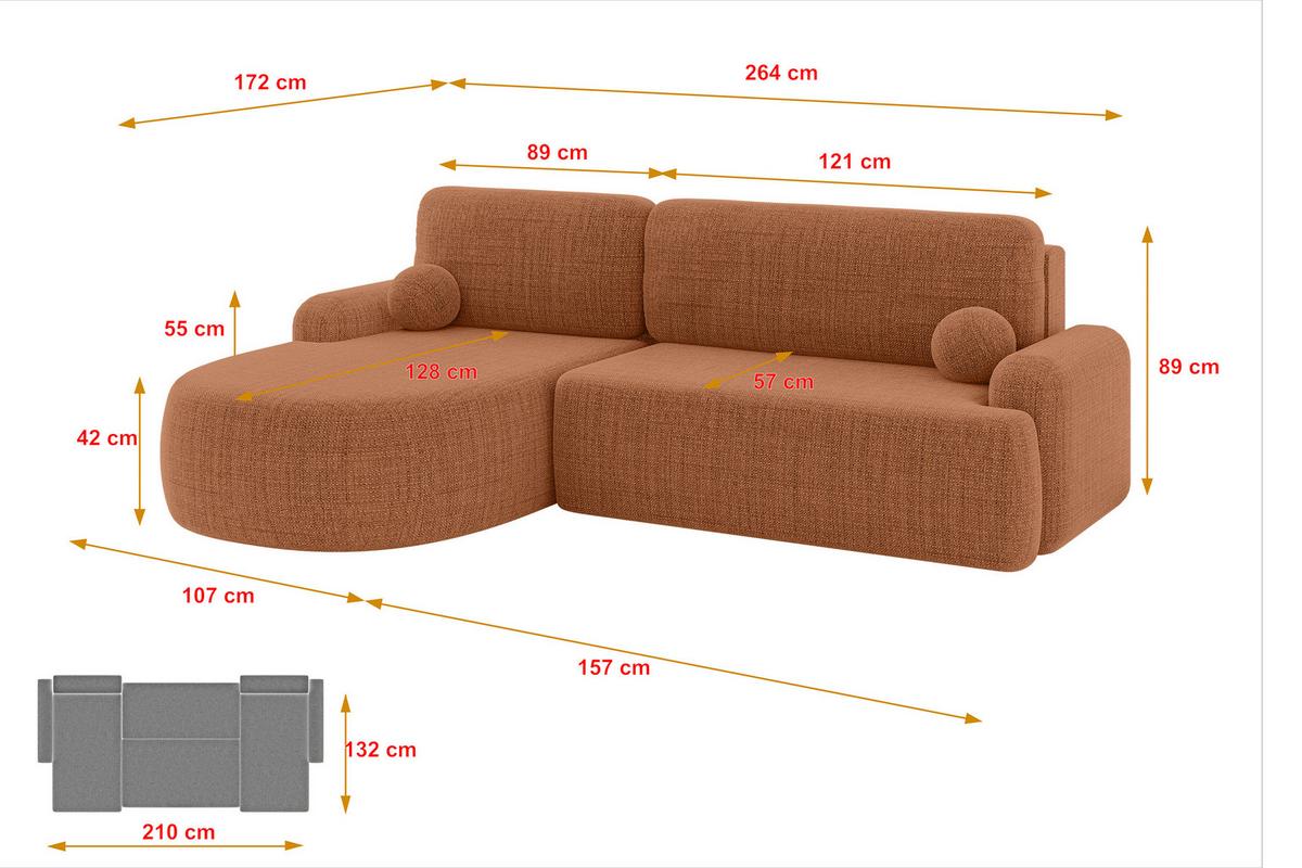 ECKSOFA mit Schlaffunktion und Bettkasten LIRA-L - 264x172x89 Apricot - Orange, Holzwerkstoff/Textil (264/172cm) - ALTDECOR