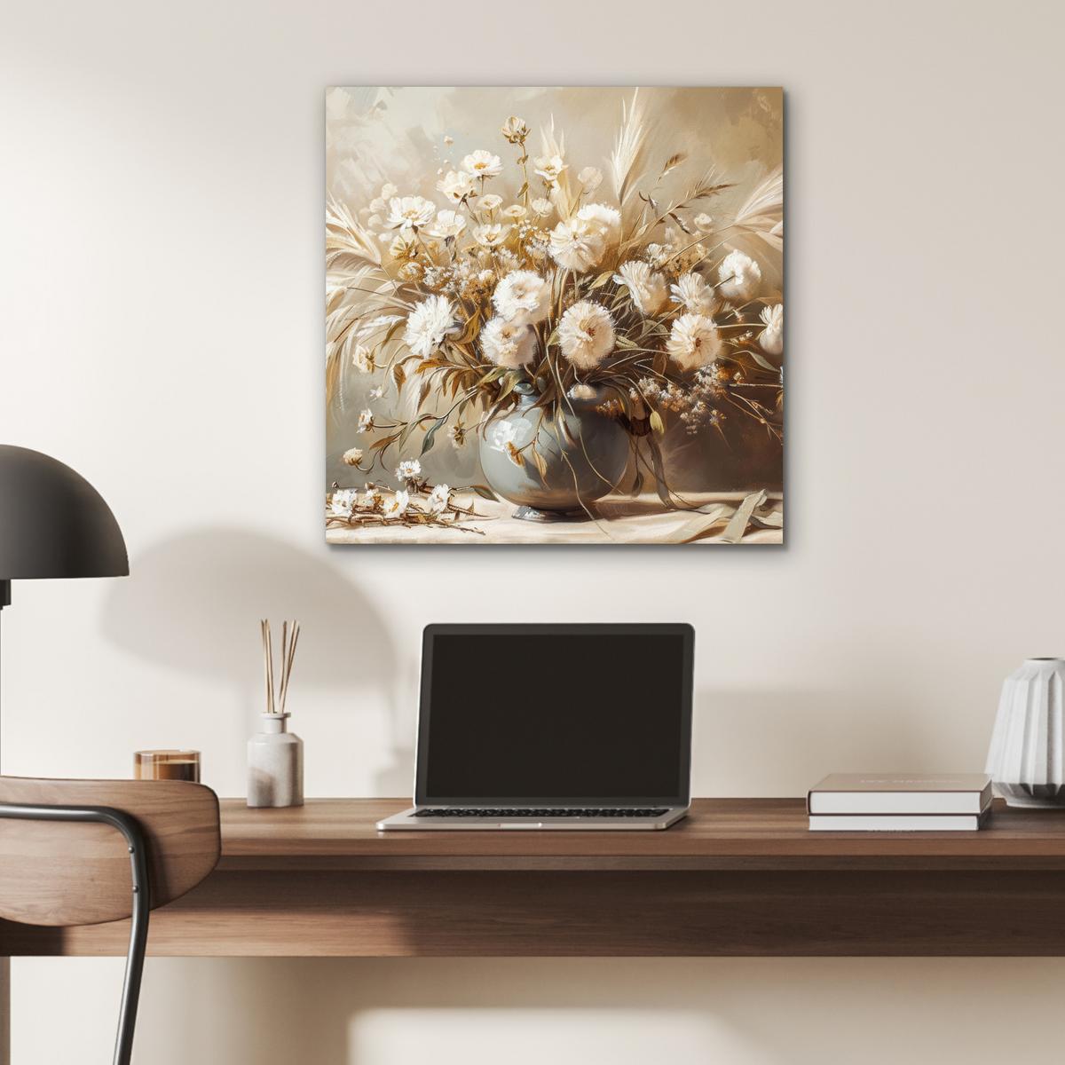 METALLBILD Blumen - Vase - Stilleben - Beige 50x50 cm - Creme, Metall (50/50cm) - MuchoWow
