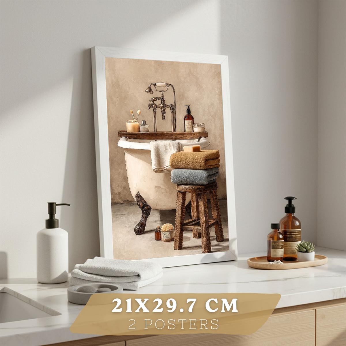 POSTER 2er-Set dekorative Badezimmerdrucke, rustikaler Stil, Vintage-Spa-Bilder mit Handtüchern und Badewanne,, Wohndekoration Weißer Rahmen A4 - Weiß, Papier (29.7/21/3cm) - Nacnic