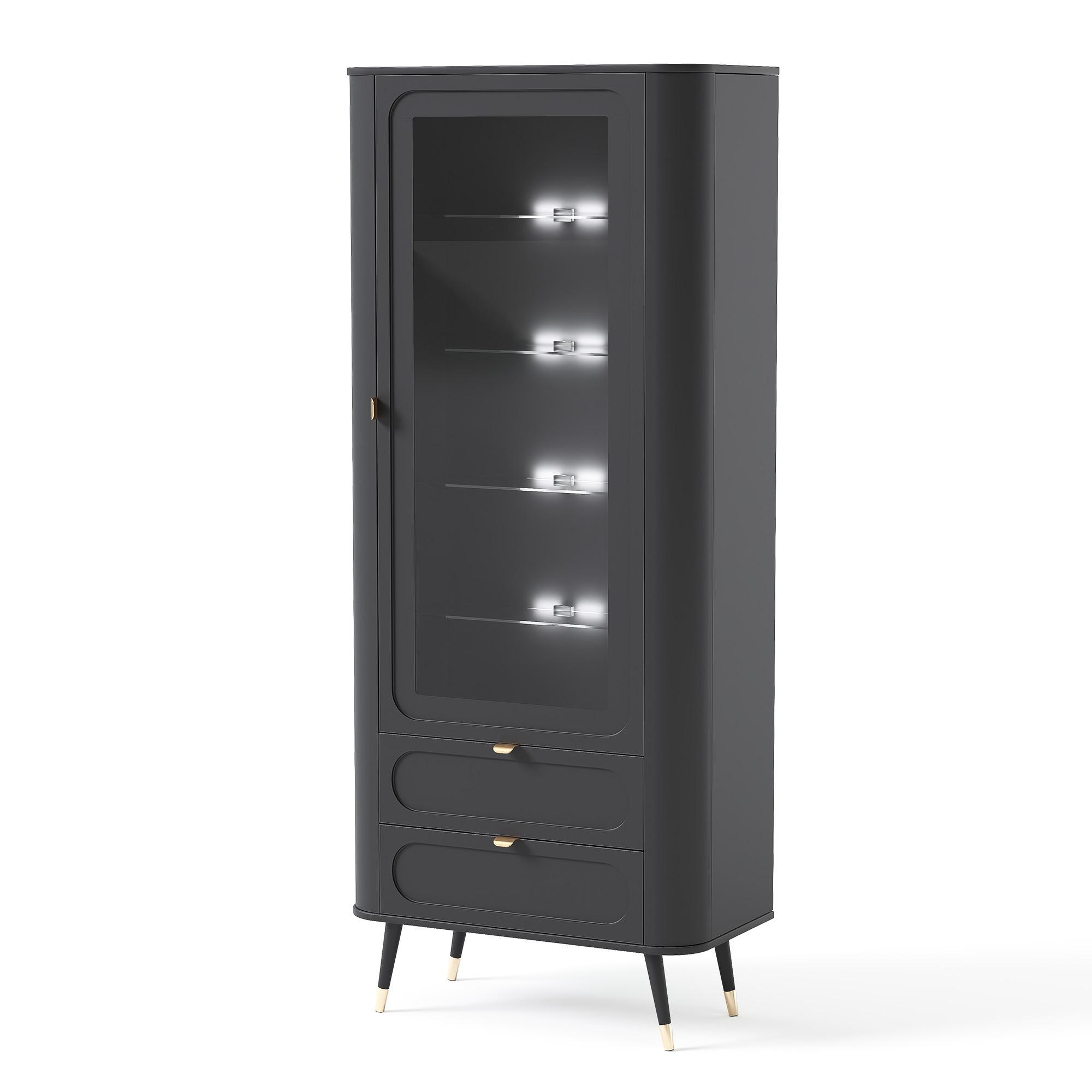 VITRINE NOIR 78 cm mit LED-Beleuchtung, Schwarz - Goldfarben/Schwarz, Holzwerkstoff/Metall (78.4/192.4/40cm) - Idohome