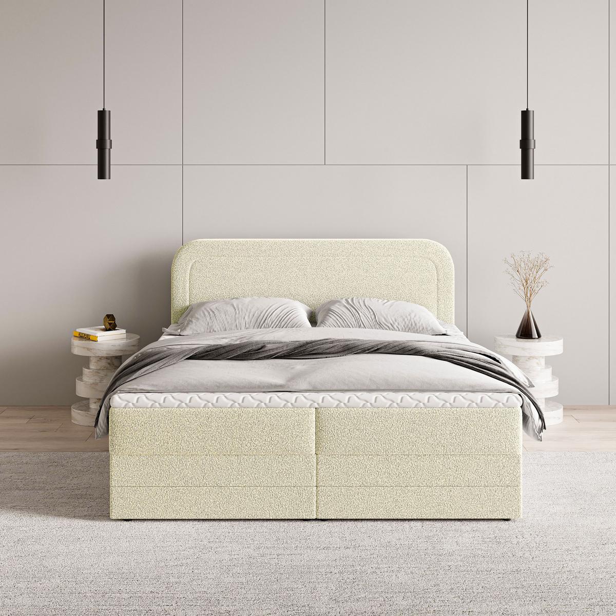 BOXBETT ARMEL 140x200 cm mit Matratze und Topper - Creme - Creme, Holz (140/200cm) - MASSENO