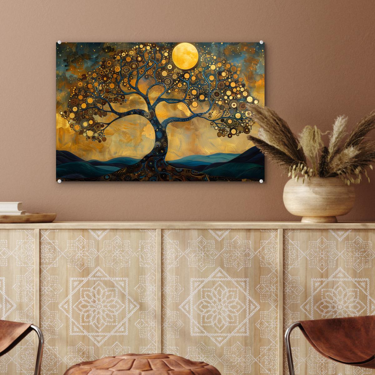 ACRYLGLASBILD Baum - Mond - Blumen - Gold - Kunst Wanddeko 60x40 cm - Orange, Glas (60/40cm) - MuchoWow