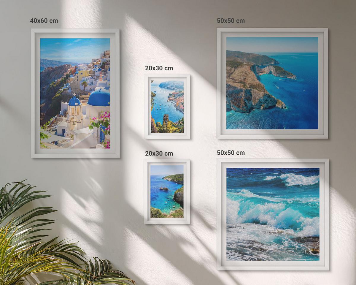 BILDER SET 5er Set - 50x50 cm & 20x30 cm & 40x60 cm Weißer Rahmen - Griechische Ansichten von Santorin Oia - Weiß, Kunststoff (40/60cm) - TULUP