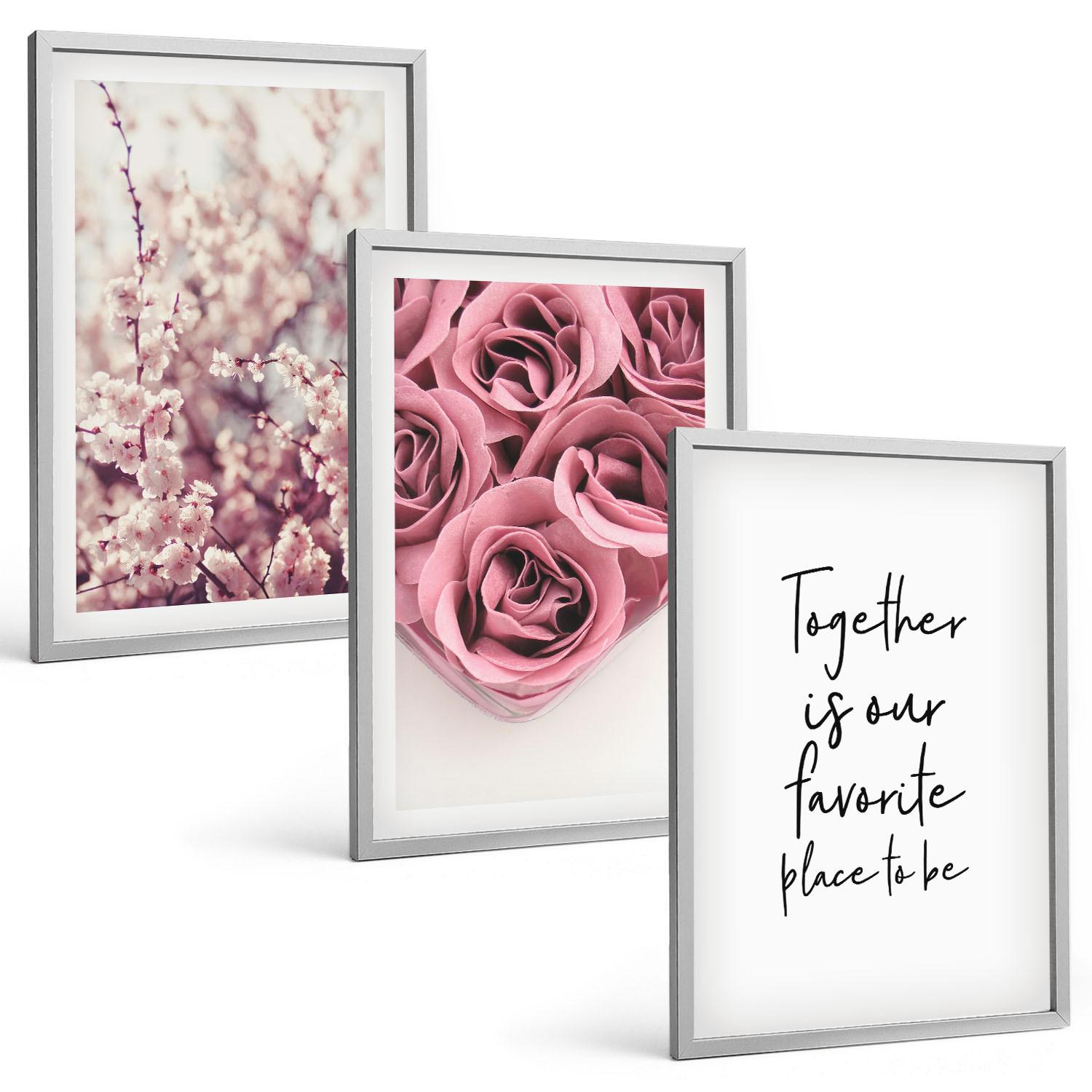 BILDER SET 3er Set - 40x60 cm Silberner Rahmen - Blumensträuße aus Rosen mit einer Inschrift - Silberfarben, Kunststoff (40/60cm) - TULUP