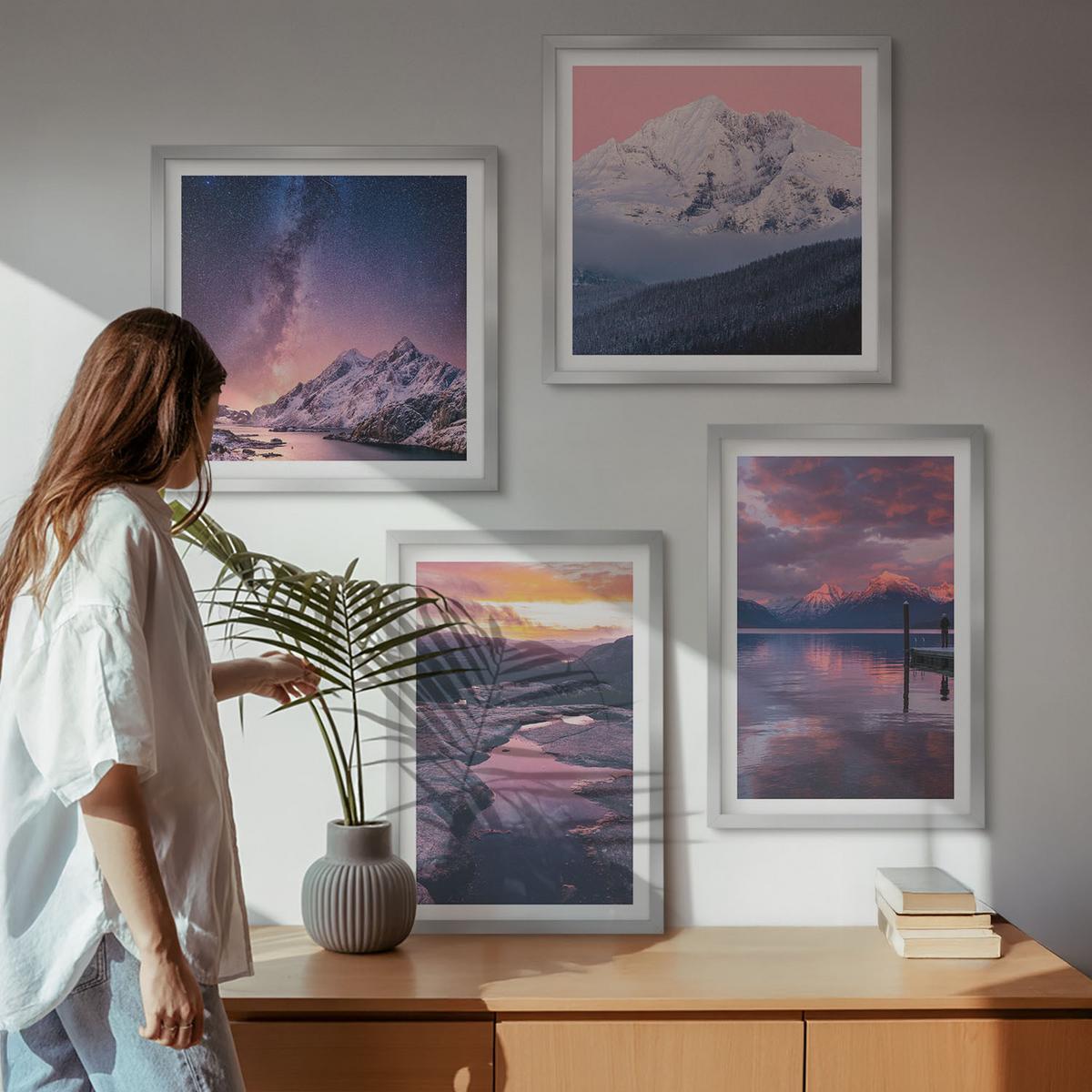 BILDER SET 4er Set - 50x50 cm & 40x60 cm Silberner Rahmen - Berge, Wasser, wunderschöne Landschaften - Silberfarben, Kunststoff (50/50cm) - TULUP