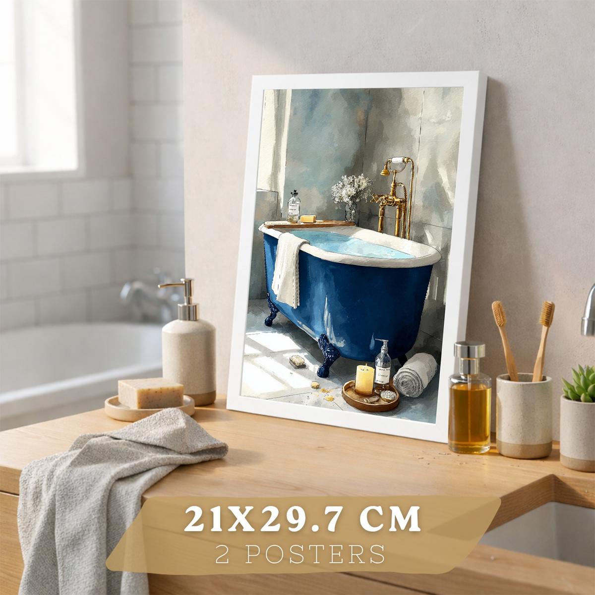 POSTER 2er-Set dekorative Badezimmer-Poster, moderne Wandbilder für Waschbecken, elegante Dekoration mit blauer Badewanne Weißer Rahmen A4 - Weiß, Papier (29.7/21/3cm) - Nacnic