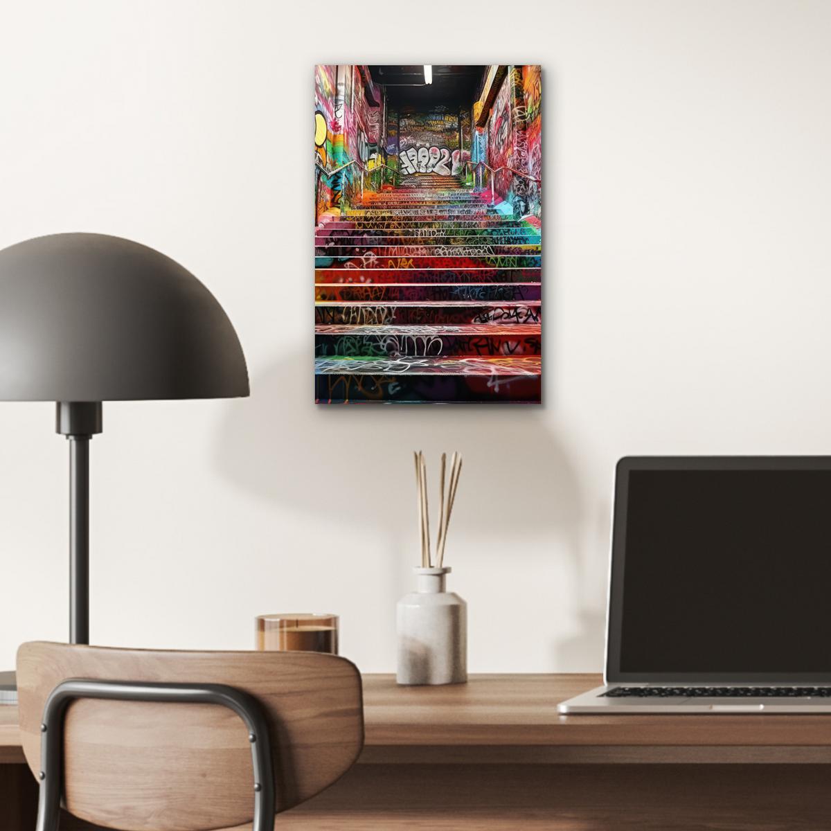 METALLBILD Treppe - Graffiti - Farben - Kunst 20x30 cm - Multicolor, Metall (20/30cm) - MuchoWow