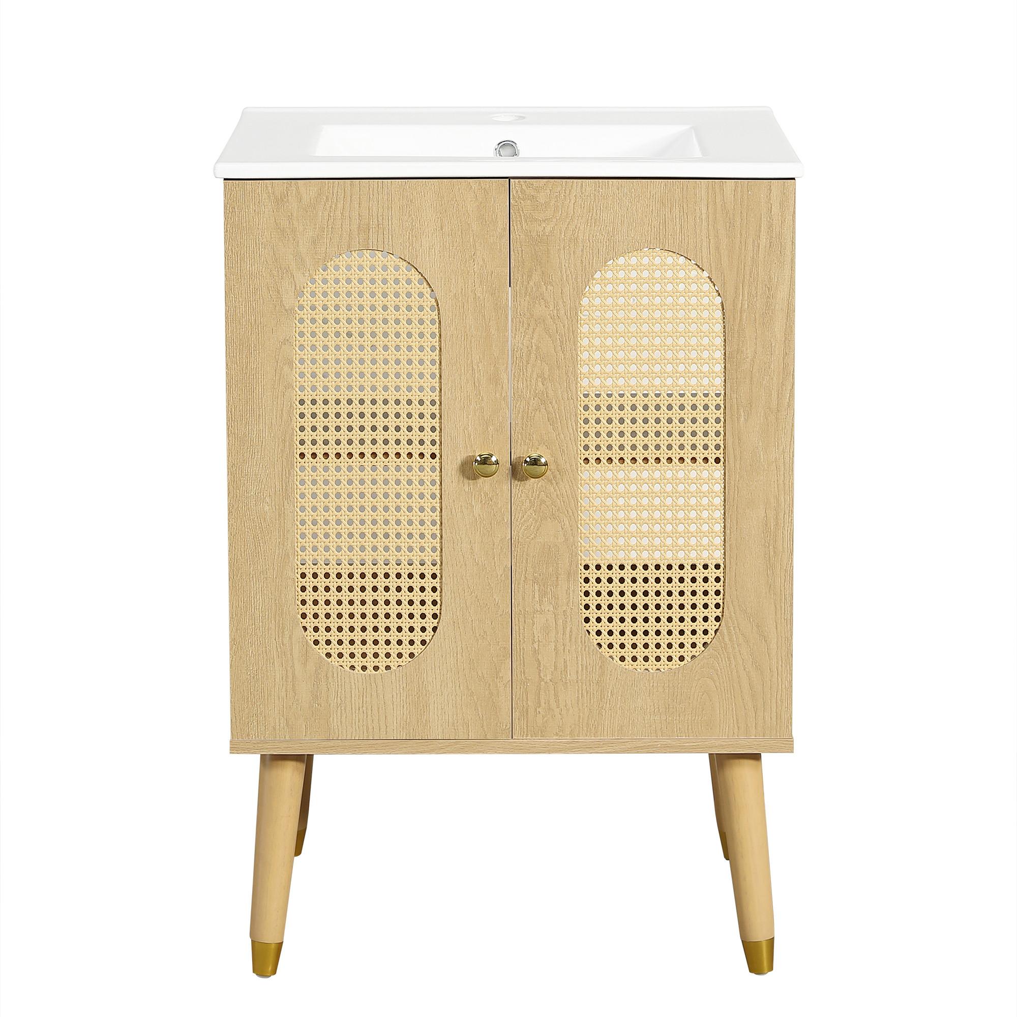 WASCHTISCHUNTERSCHRANK Holzoptik mit Rattan-Türen & Keramikbecken - Naturfarben, Holzwerkstoff (61/89/47cm) - Urban Meuble