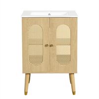 WASCHTISCHUNTERSCHRANK Holzoptik mit Rattan-Türen & Keramikbecken - Naturfarben, Holzwerkstoff (61/89/47cm) - Urban Meuble