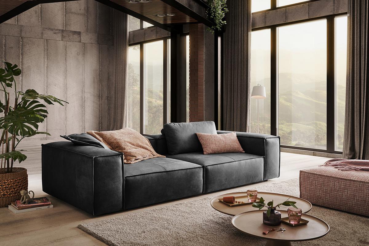 SOFA CARMO Anthrazit Leder - Anthrazit/Schwarz, Leder/Kunststoff (266/68/118cm) - KAWOLA