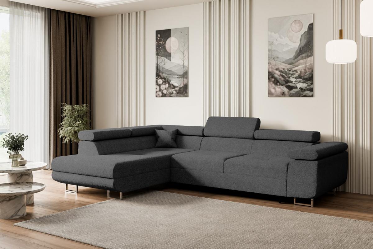 ECKSOFA mit Schlaffunktion und Bettkasten GUSA-L 272x202x107 cm Grau Bouclé - Silberfarben/Grau, Holzwerkstoff/Textil (202/272cm) - ALTDECOR