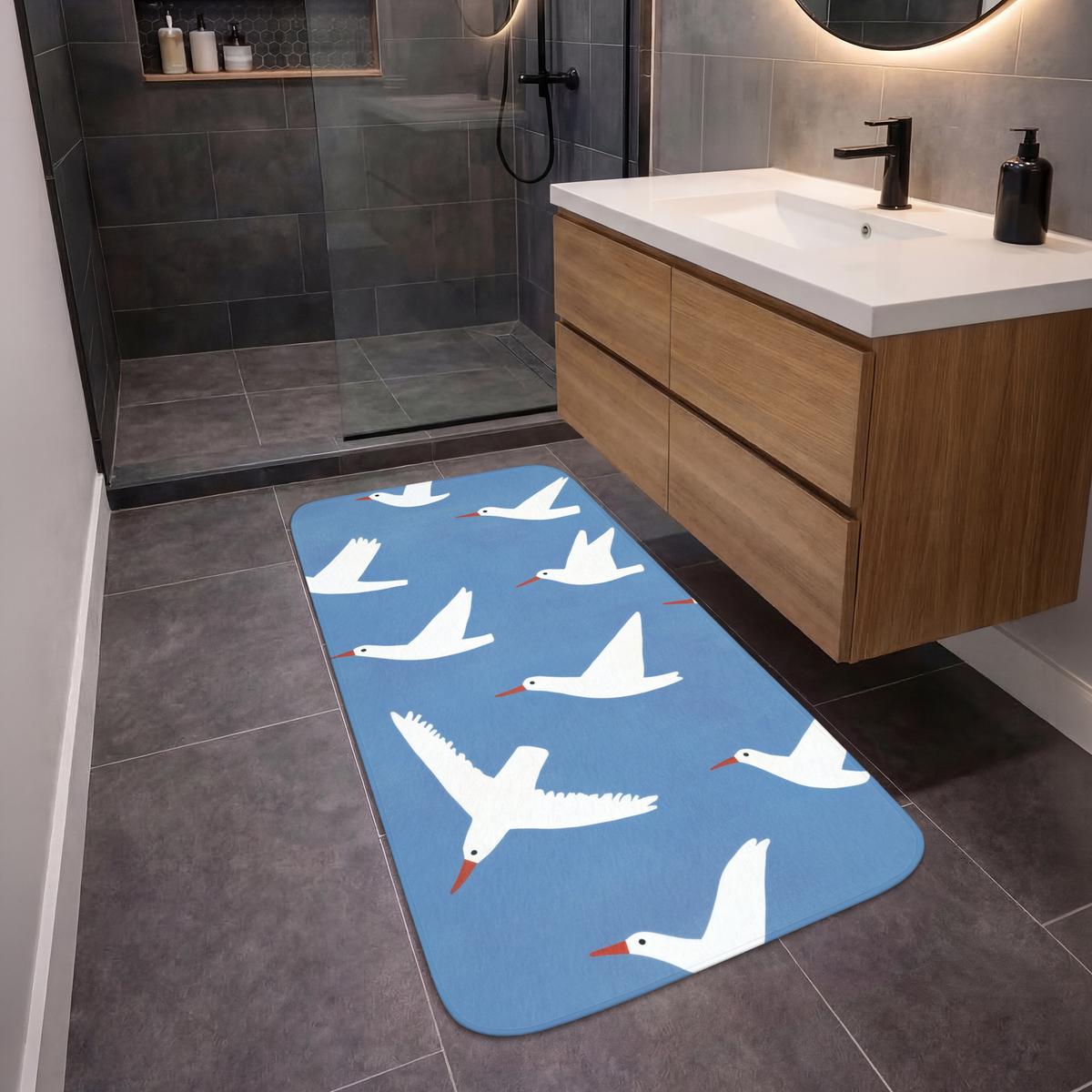 BADEMATTE Vögel - Weiß - Muster 60x120 cm - Blau, Textil (60/120cm) - OnlyWow