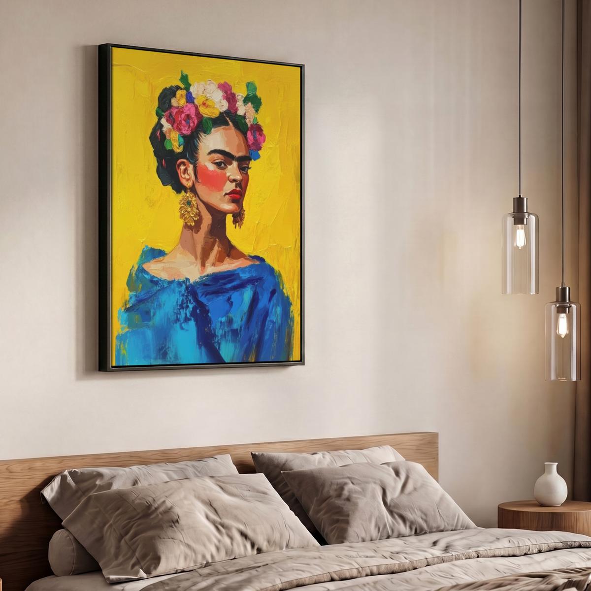 LEINWAND Bilder mit Rahmen - Frida Kahlo - Frau - Gelb - Blau - Blumen - 70x100 - Gelb, Textil (70/100cm) - MuchoWow