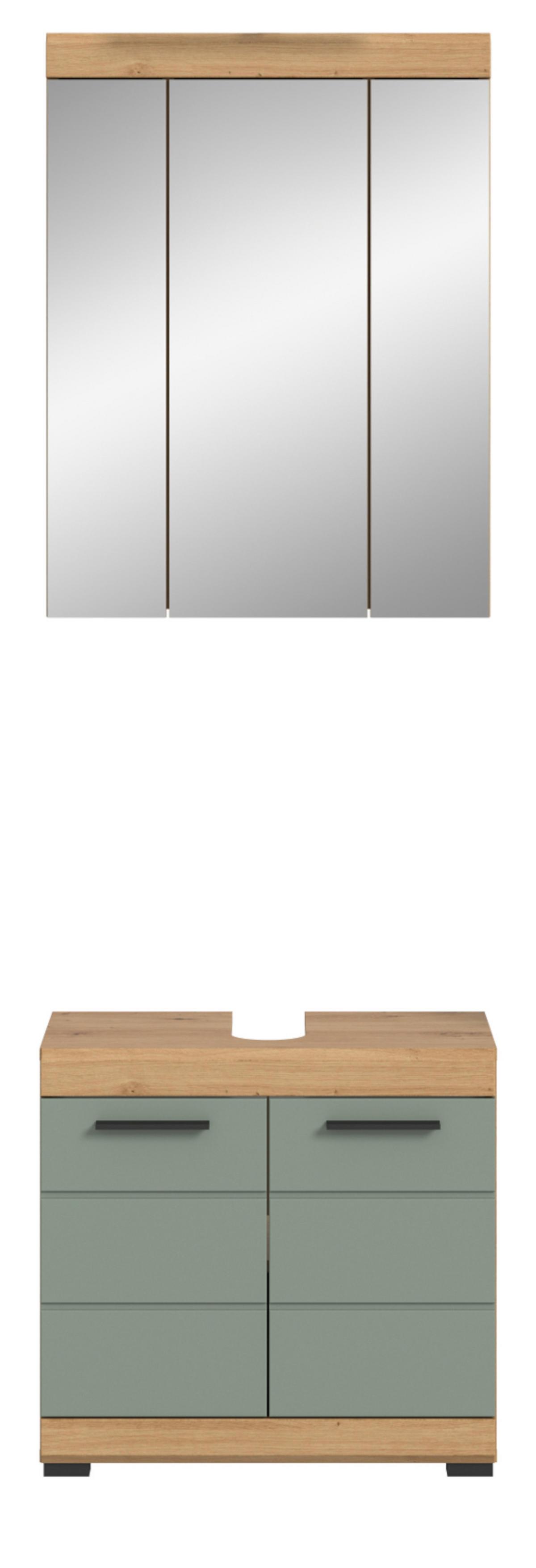 BADMÖBEL-SET Salbei grün, Eiche Artisan 2-teilig 60 cm, Kombination mit Spiegel - Salbeigrün/Schwarz, Glas/Holzwerkstoff (60/191/34cm) - Inn.Furn