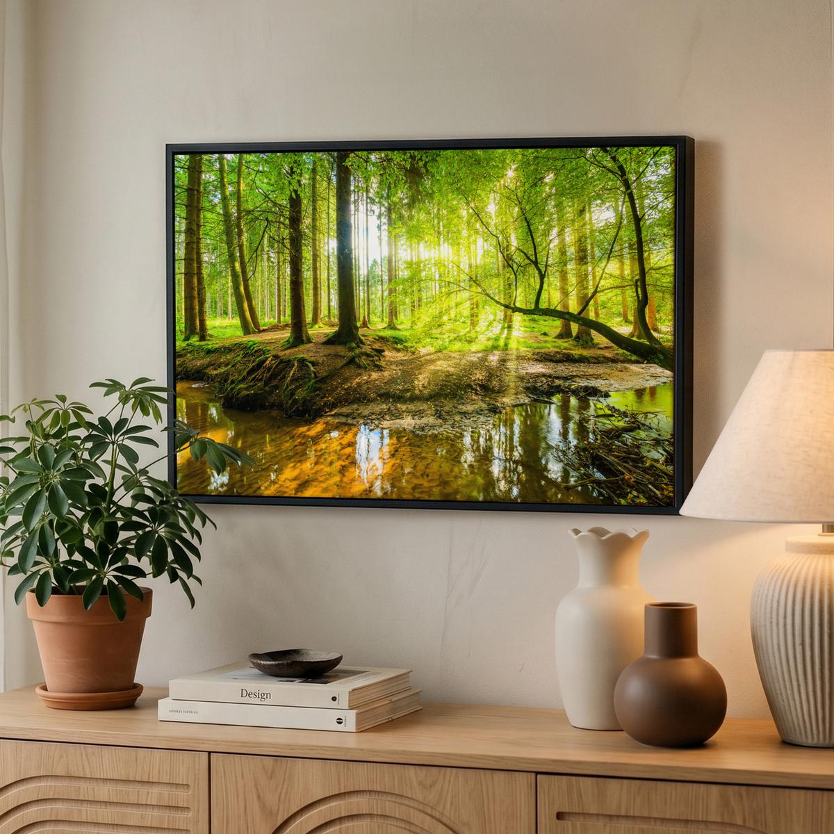 LEINWAND Bilder mit Rahmen - Wald - Landschaft - Wasser - Bäume - Sonne - Grün - Natur - 60x40 - Grün, Textil (60/40cm) - MuchoWow