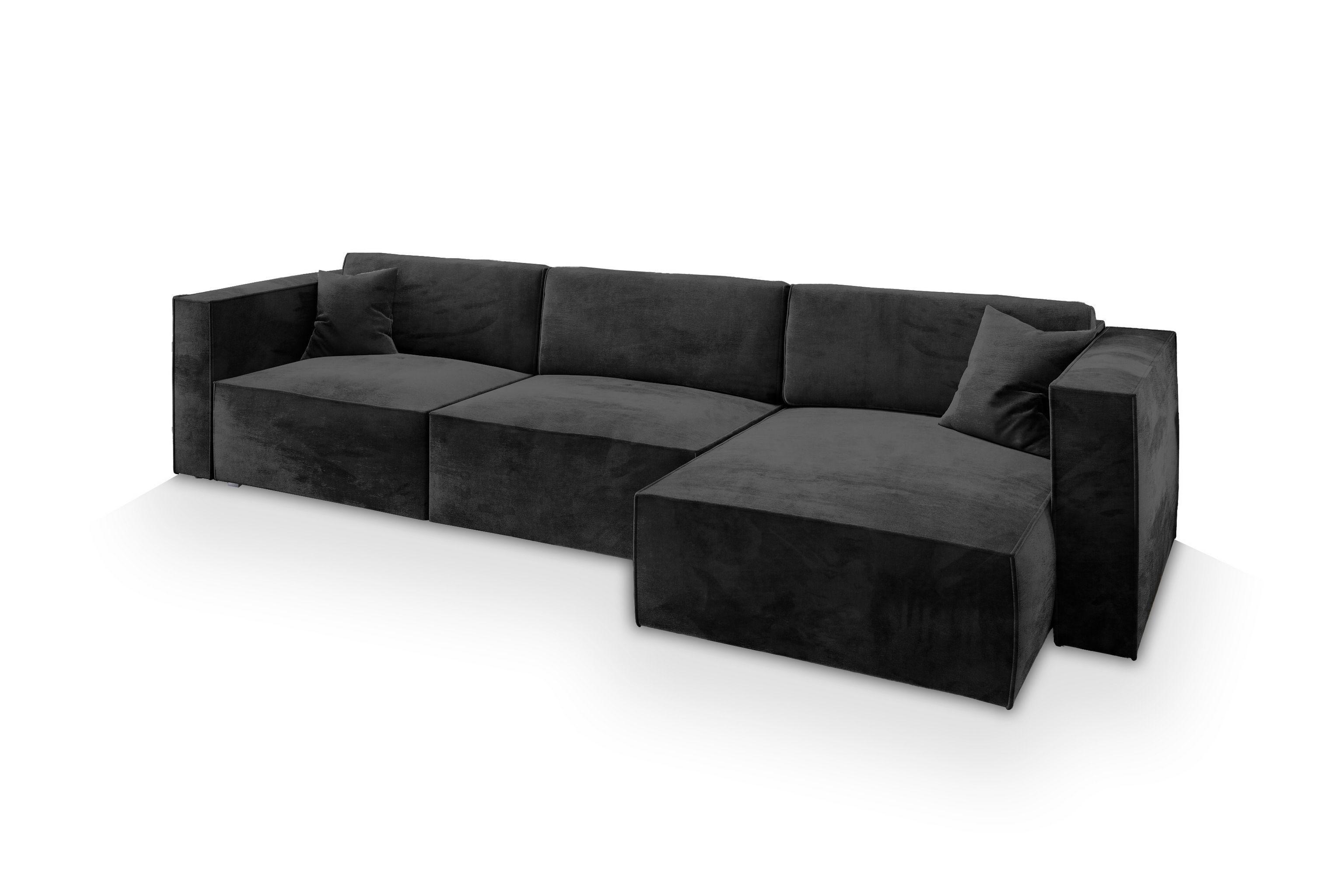 ECKSOFA TOLMO M Schwarz Velours-Stoff mit Schlaffunktion - Schwarz/Grau, Holz/Kunststoff (347/148cm) - MASSENO