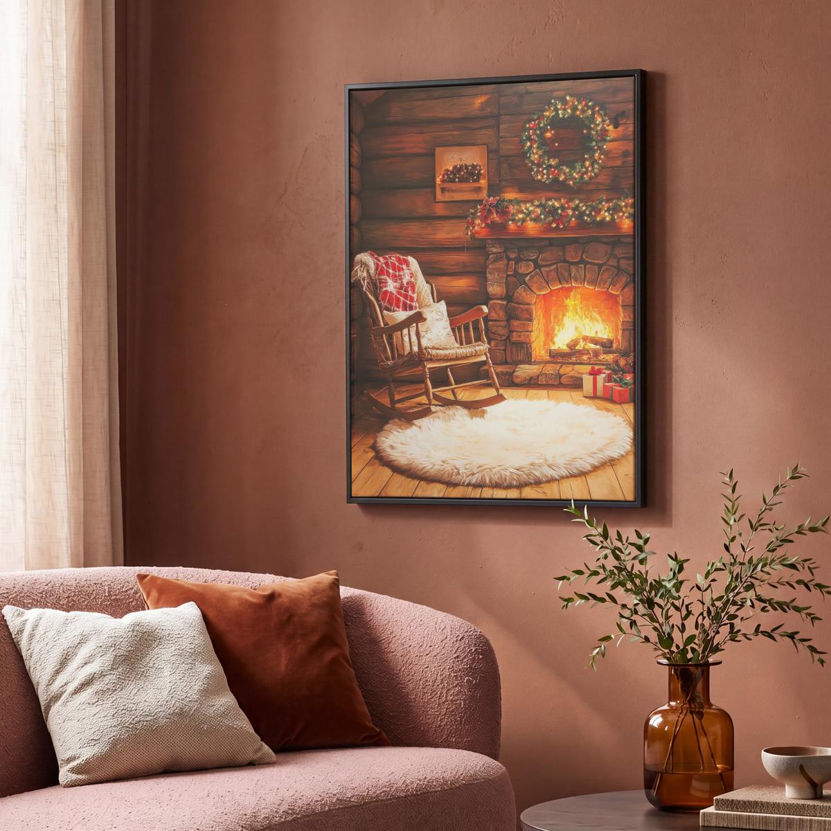 LEINWAND Bilder mit Rahmen - Winter - Weihnachten - Zuhause - Kamin - 70x100 - Bernsteinfarben, Textil (70/100cm) - MuchoWow