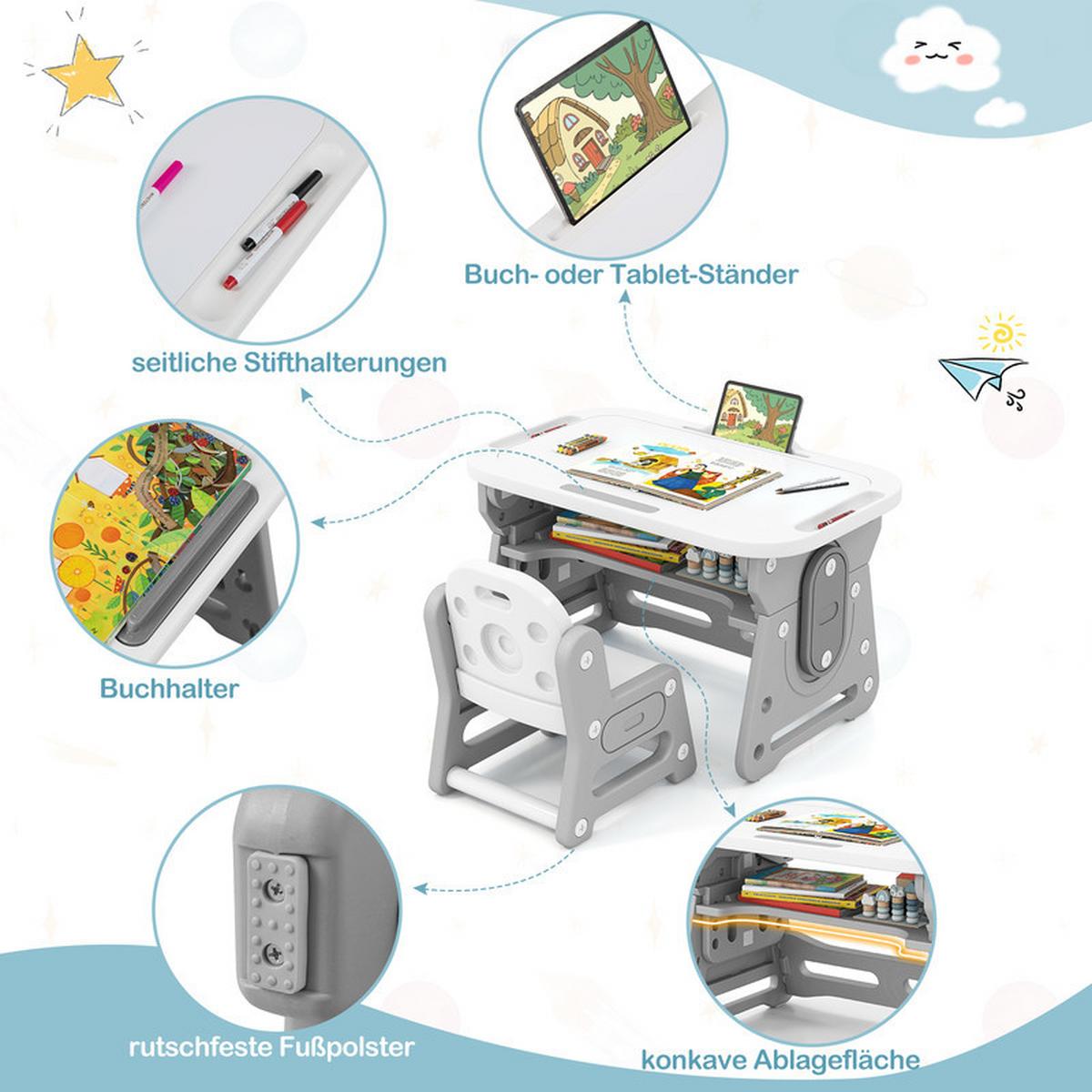 KINDERTISCH-STUHL-SET mit Höhenverstellung grau(2-tlg) - Grau, Kunststoff (80/49/50cm) - COSTWAY