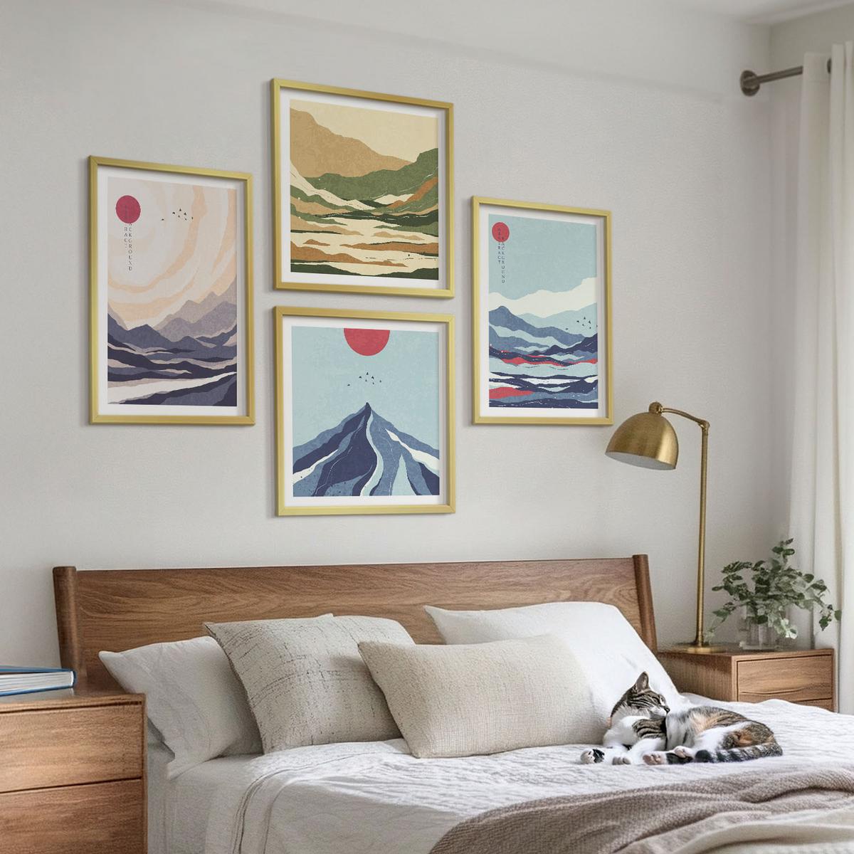 BILDER SET 4er Set - 50x50 cm & 40x60 cm Goldrahmen - Abstrakte Berglandschaften - Goldfarben, Kunststoff (50/50cm) - TULUP