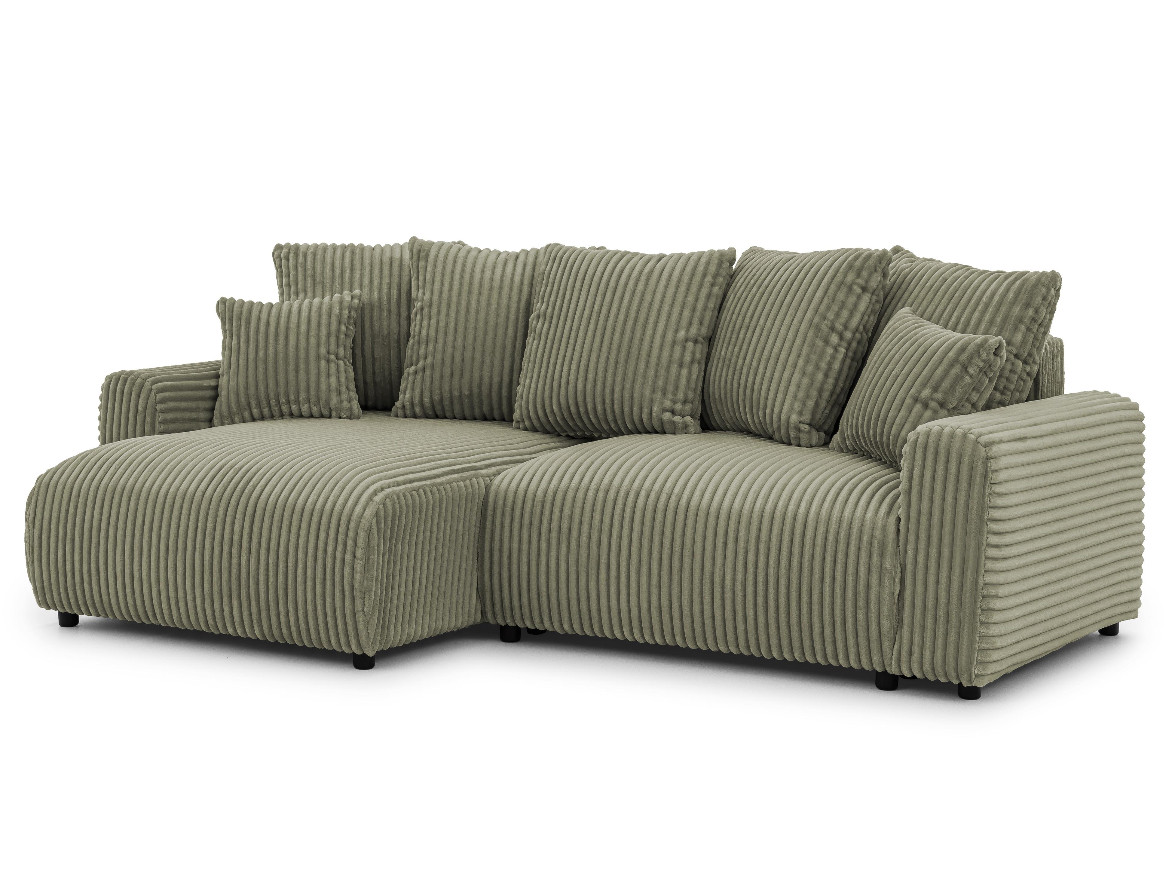 ECKSOFA Calma mit Schlaffunktion und Bettkasten im Bumpy-Design aus weichem Olive Plüschcord - Ottomane links - Schwarz/Grün, Holz/Kunststoff (239/140cm) - S-Style